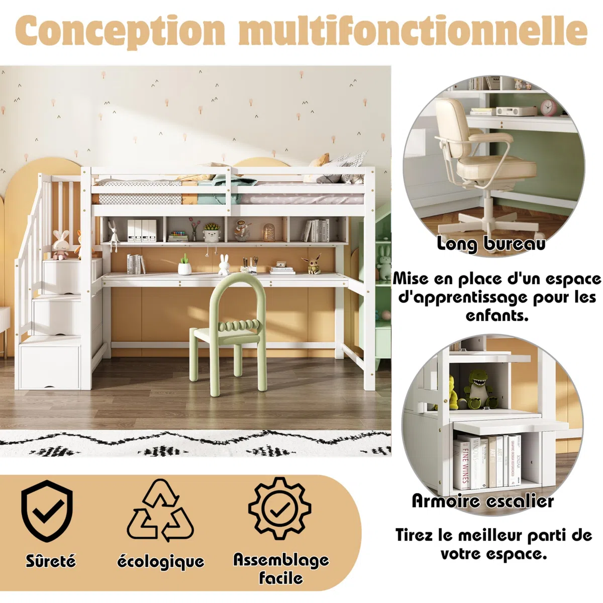 Sapgaks Lit superposé Enfant 90 x 200 avec Bureau et étagères,lit cabane Enfants 90 x 200,lit Mezzanine 1 Places avec Barriere,avec escalier de Rangement,Blanc