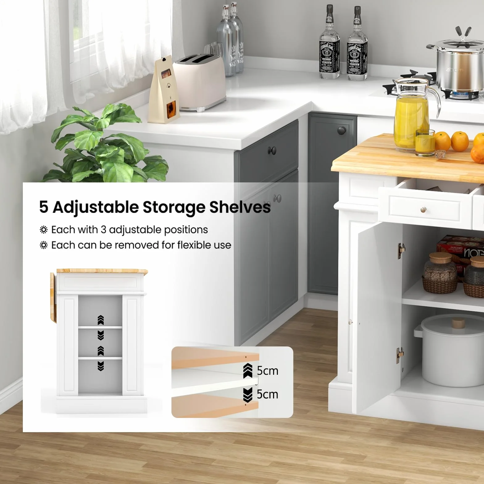 KOMFOTTEU Îlot Central Mobile avec Plan de Travail en Bois Massif, Desserte de Cuisine avec 2 Tiroirs & Étagères latérales à 3 Niveaux, Desserte de Service, 120 x 61 x 92 cm (Blanc)