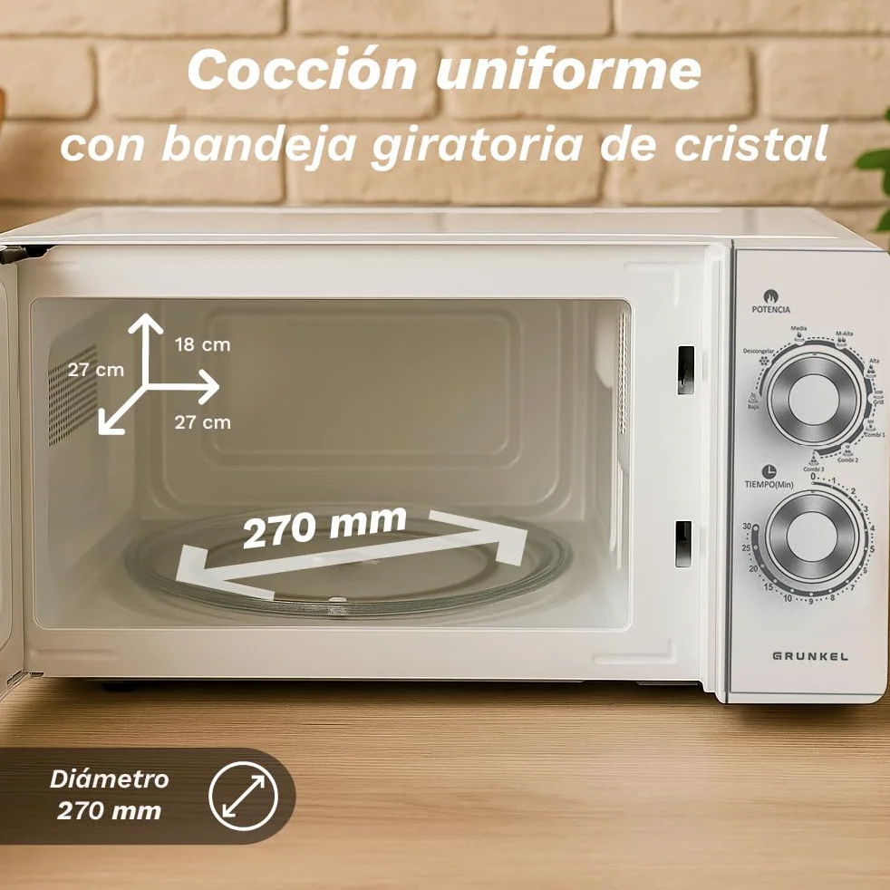 Grunkel Micro-ondes avec grill de 25 litres, 900 W + 1000 W, 5 niveaux de puissance, 3 modes combinés, minuterie 30 min, ouverture avec poignée et plateau Ø245 mm