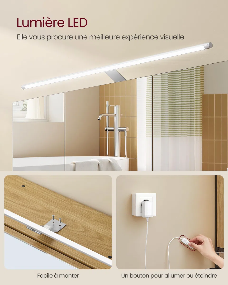 VASAGLE Armoire de Salle de Bain avec éclairage LED, 14,5 x 70 x 70 cm, Miroir 3 Portes, Meuble Mural avec Miroir, Prise, Panier, Support pour sèche-Cheveux, chêne Naturel BBK124Y01