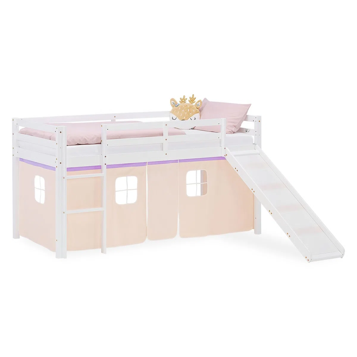 Homestyle4u Lit mezzanine avec toboggan - 90 x 200 cm - Blanc - Pour fille - En pin massif - Avec rideau - Violet et beige - Échelle et protection contre les chutes