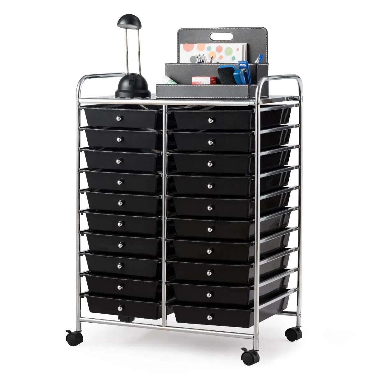 RELAX4LIFE Chariot de Rangement avec Multi-tiroirs en PP et Cadre en Métal, Rayonnage de Rangement à roulettes avec 2 Freins pour Bureau, Salon, Tour de Rangement (10 étagères avec 20 tiroirs, Noir)