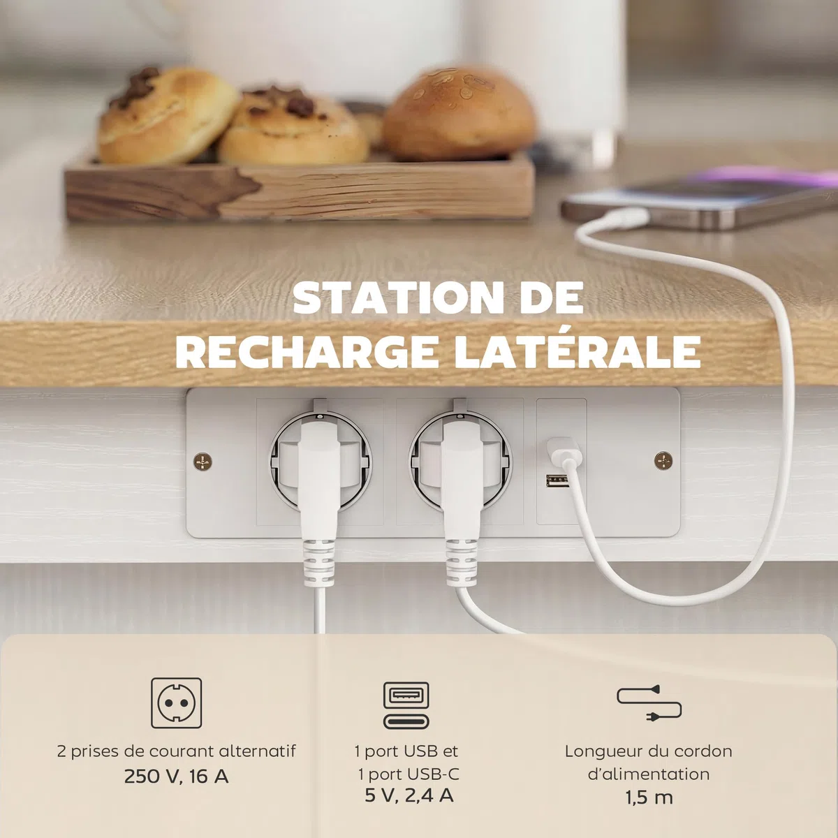 HOMCOM Îlot de Cuisine avec Station de Charge, Chariot de Cuisine à roulettes avec Plan de Travail Rabattable, Racks à Épices, 2 Tiroirs et Étagère Réglable, pour Cuisine et Salle à Manger, Blanc