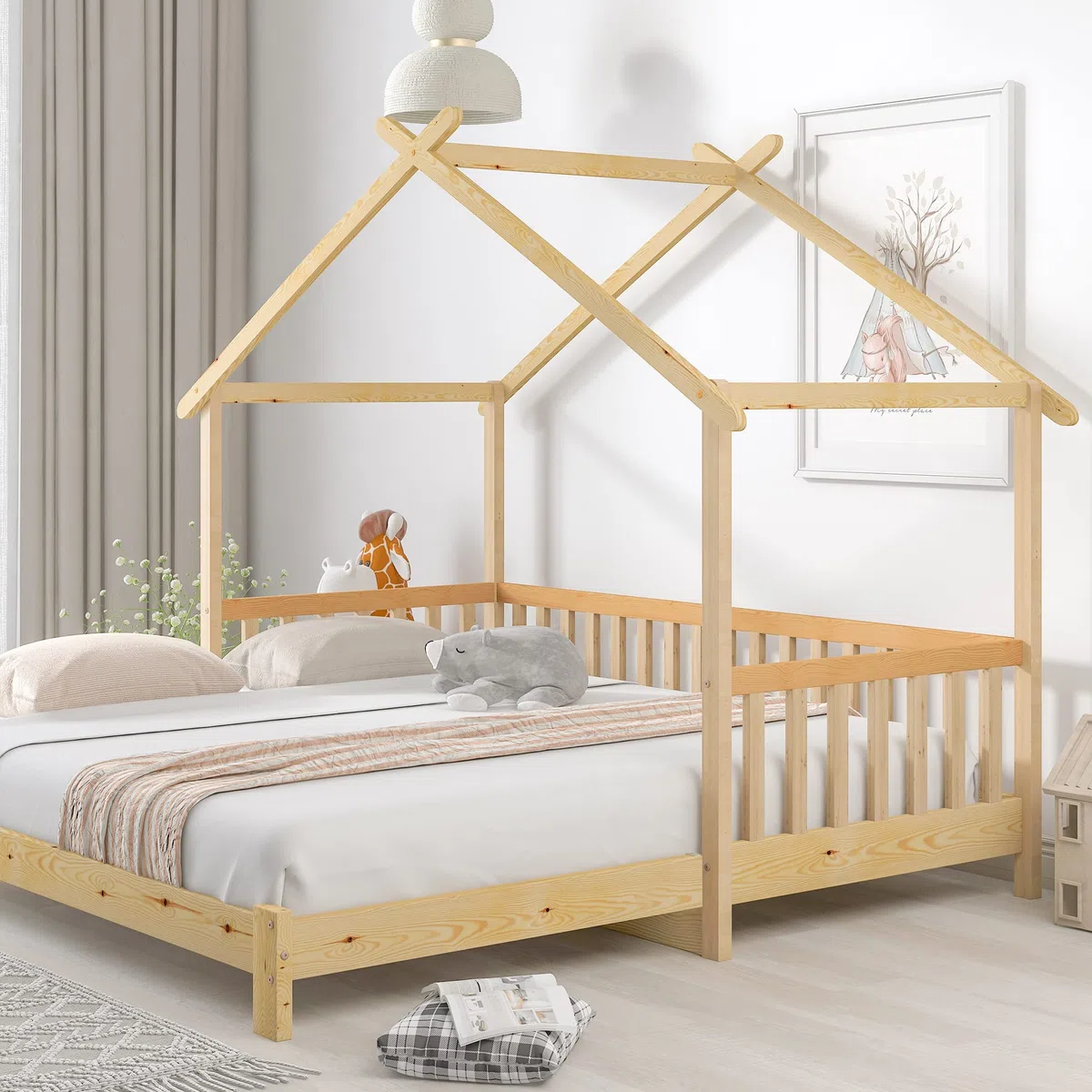 Merax Lit pour enfant 200x180cm, Lit fonctionnel avec barrière antichute et sommier à lattes, Lit de jour extensible en lit double, Lit en forme de cabane en bois pour filles et garçons, Couleur