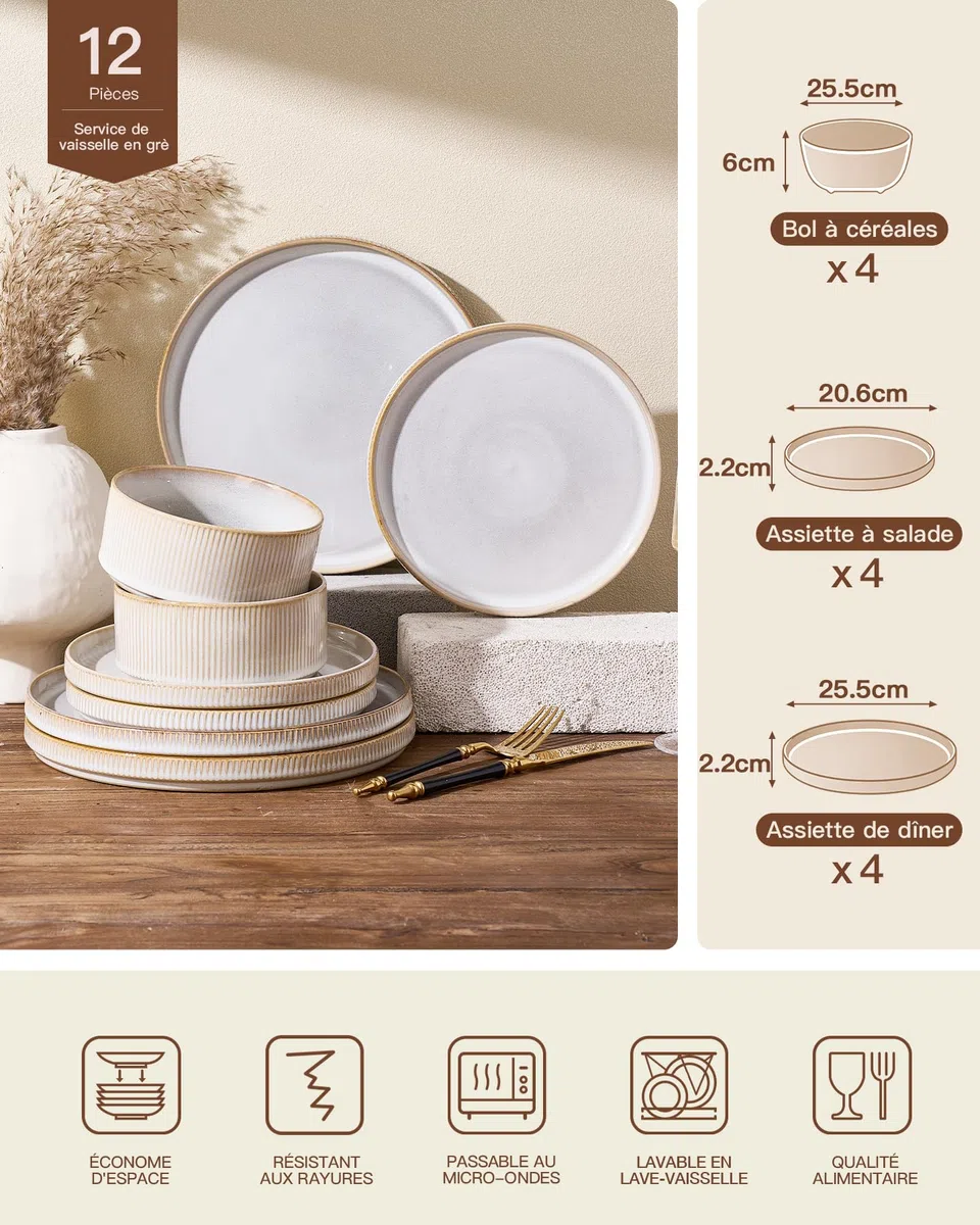 Richmount Star Set d'assiettes 12 pièces, Set de vaisselle 4 personnes, Set de vaisselle en faïence, Service de table anti-rayures, Micro-ondes & Lave-vaisselle, Cappuccino Blanc
