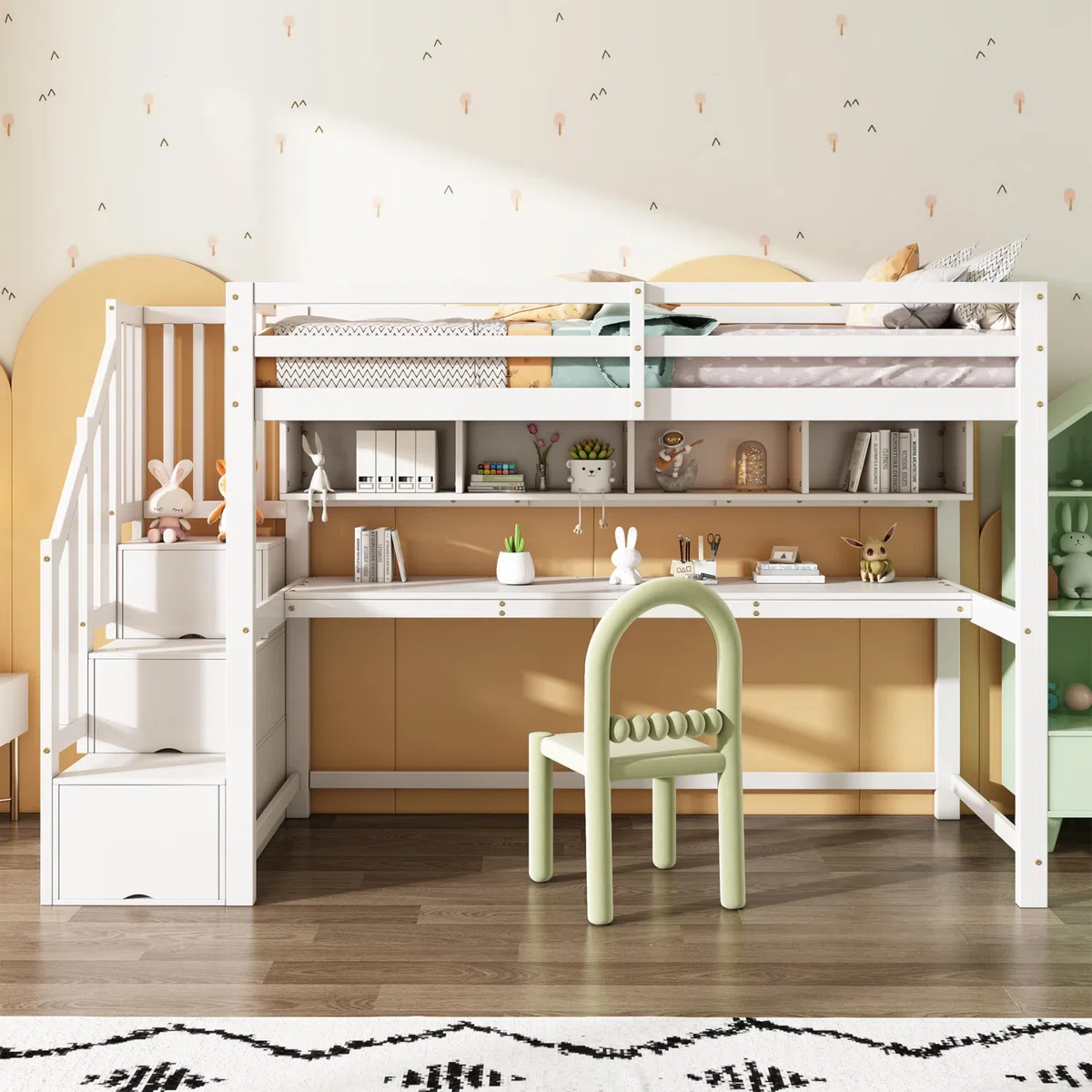 Sapgaks Lit superposé Enfant 90 x 200 avec Bureau et étagères,lit cabane Enfants 90 x 200,lit Mezzanine 1 Places avec Barriere,avec escalier de Rangement,Blanc