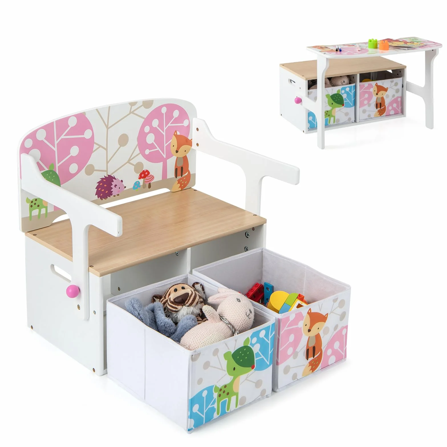 LIFEZEAL 3 en 1 Banc de Rangement avec 2 Tiroirs, Coffre à Jouets en Bois, Ensemble Table avec Tabouret pour Enfants 3-7 Ans, Siège avec Charge de 60 kg, Plateau avec Charge de 10 kg (Blanc)