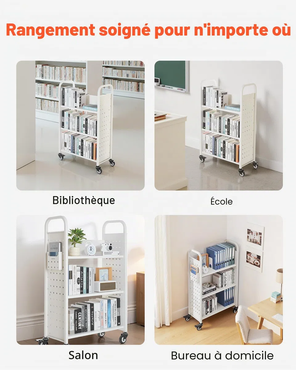 VEVOR Chariot à Livres, Capacité de Charge 150 kg, Chariot de Bibliothèque, 77 x 38 x 122 cm, Étagère de Rangement Livres Simple Face en L avec Roulettes Double Frein, pour Salon, Bureau, École, Blanc
