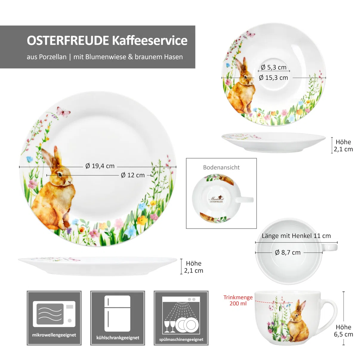 MamboCat Osterfreude Service à café 18 pièces - Vaisselle en porcelaine printanière avec décor lapin de Pâques pour 6 personnes - 6 tasses de 200 ml chacune, 6 soucoupes et 6 assiettes pour