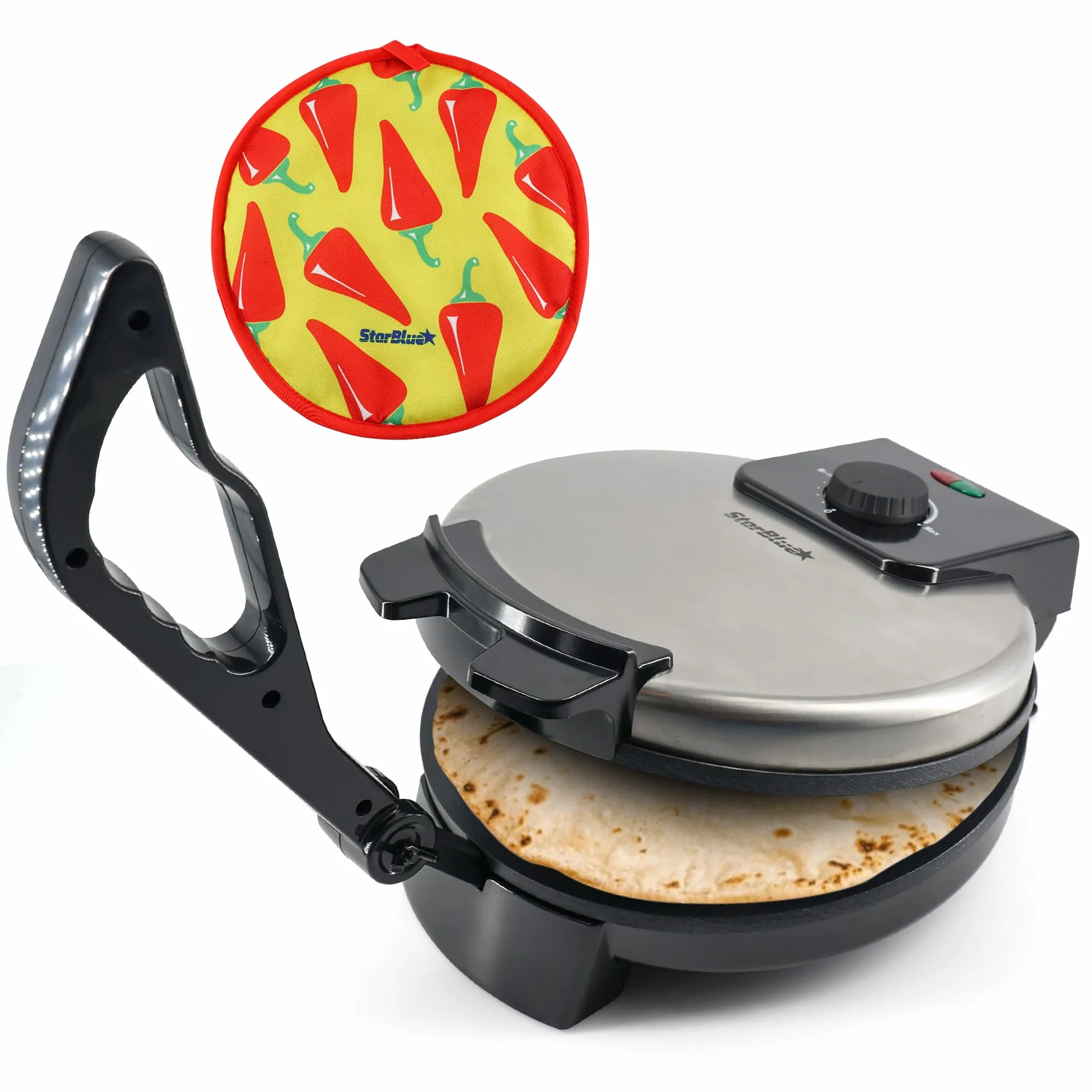 StarBlue Machine à Roti 25,4 cm avec chauffe-roti gratuit et poignée amovible – Chapati, tortilla, Roti AC220-240 V 50/60 Hz 1200 W, prise européenne