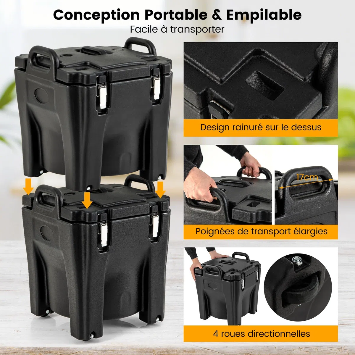 COSTWAY Récipient à Soupe isolé Chauffe-plats Empilable de 30 L, Conteneur Isotherme Portable en Acier Inoxydable avec 2 Poignées Roues à Frein, pour Restauration Camping, Noir