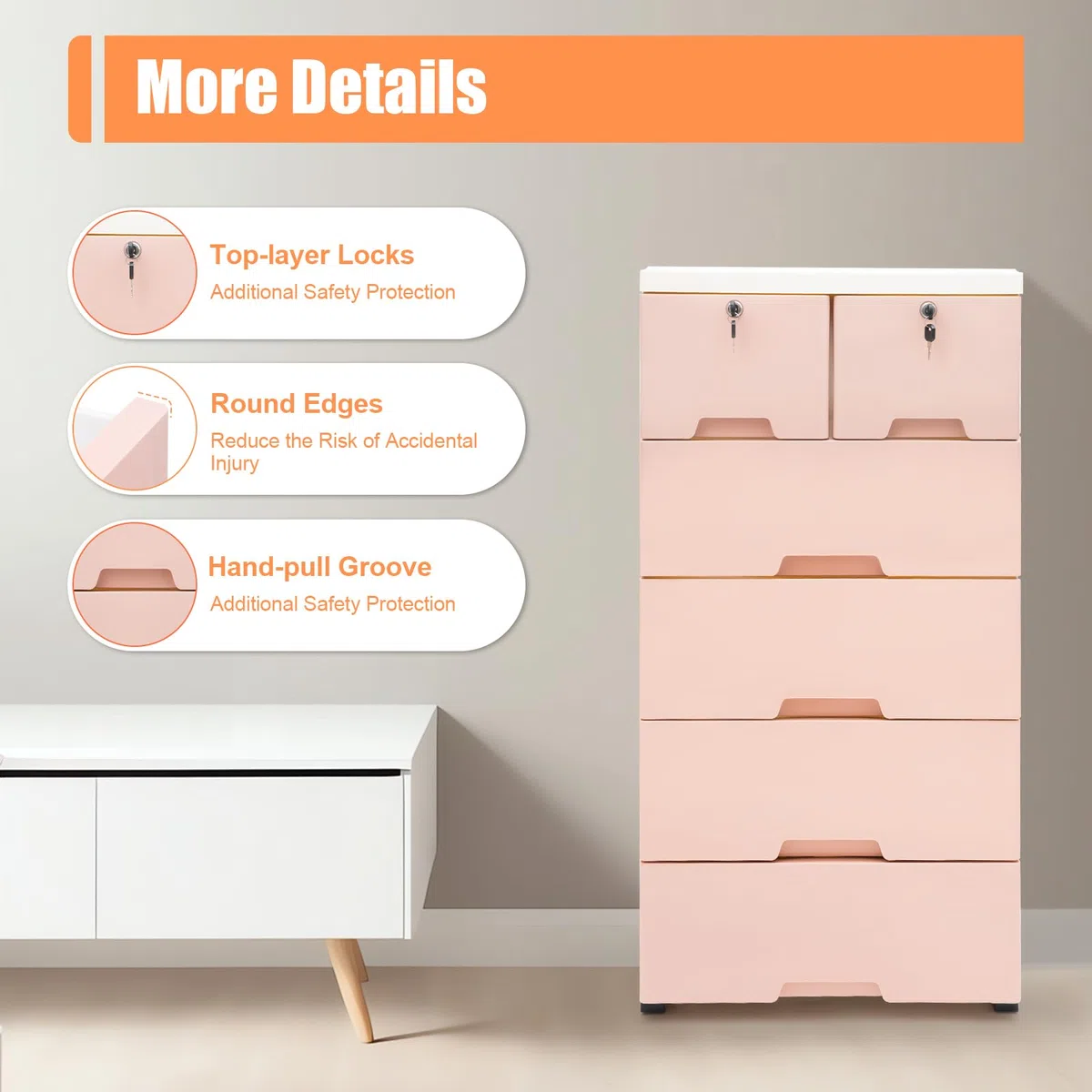 Commode de rangement, en plastique, à 6 tiroirs, avec 4 roues, empilable, avec serrure, rangement autonome, pour la maison, le bureau, la chambre à coucher, la salle de bain