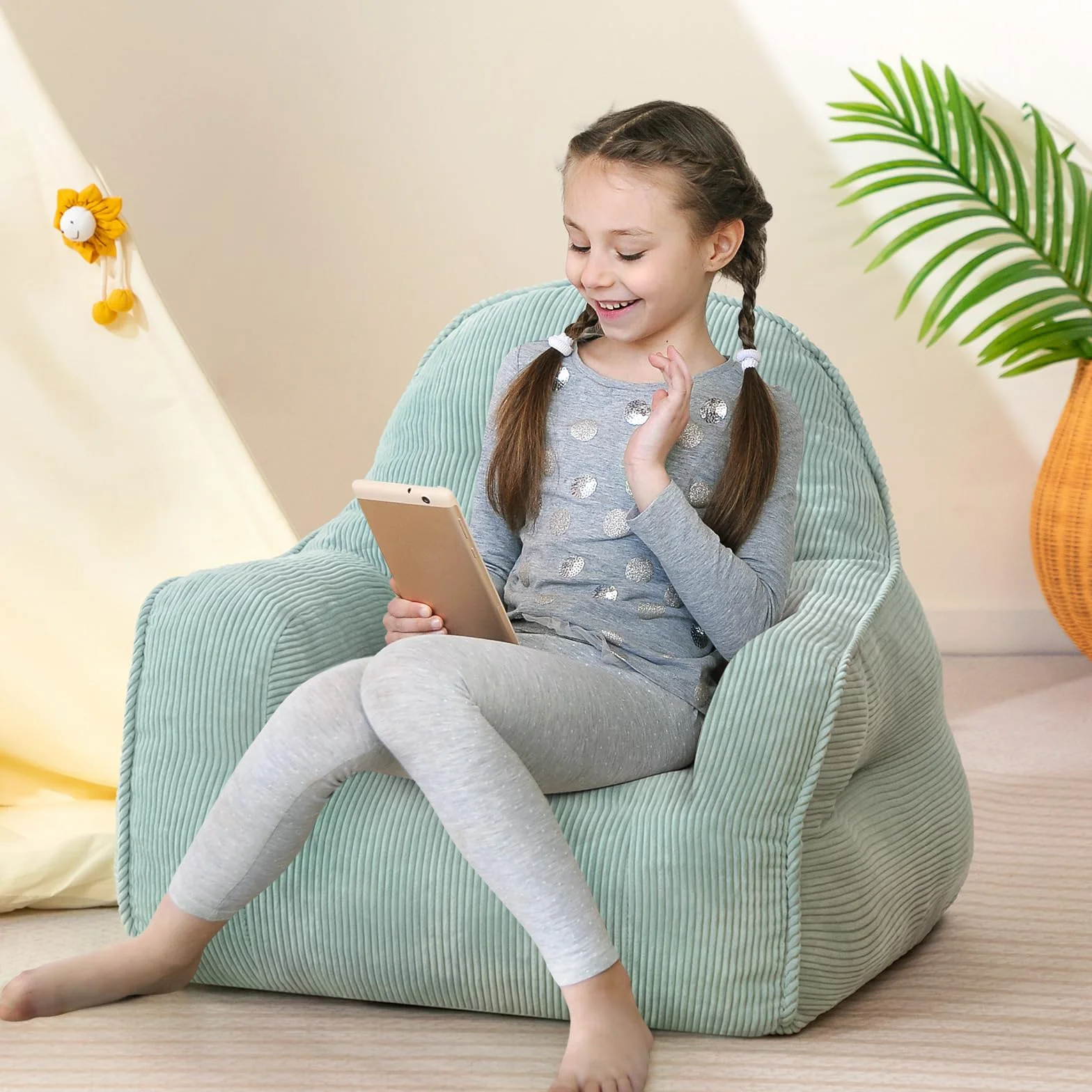 BEJOY Chaises pouf confortables, remplissage inclus, gris-vert