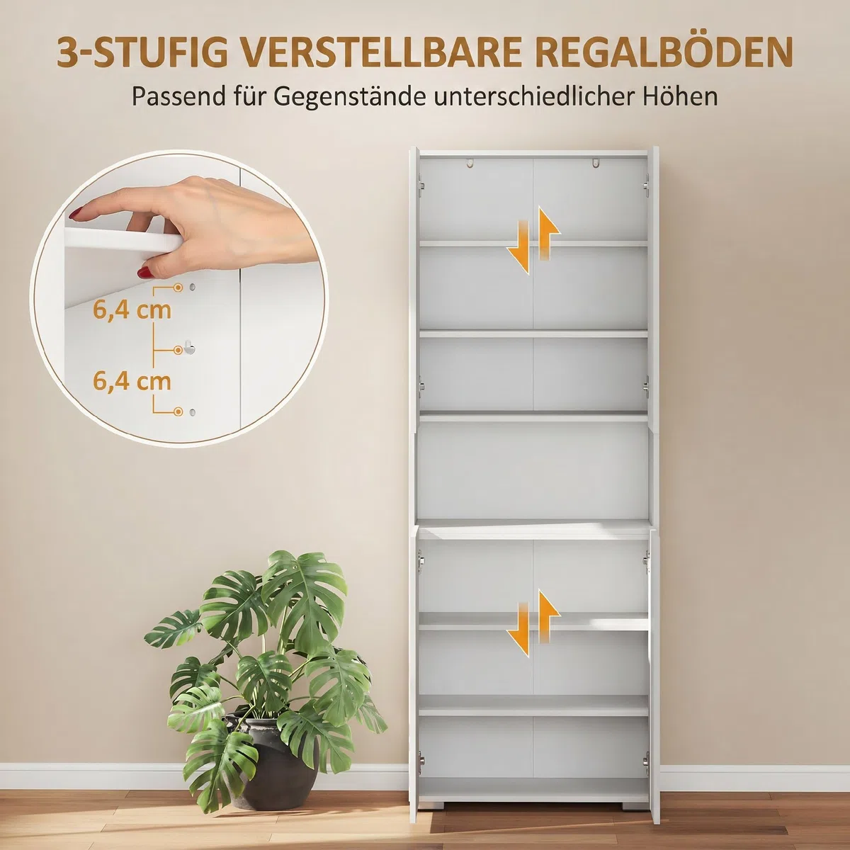 HOMCOM Armoire de cuisine haute avec compartiment ouvert, 4 portes, étagères réglables, buffet avec fonction de fermeture amortie, armoire polyvalente pour salle à manger, blanc brillant, 68 x 34 x