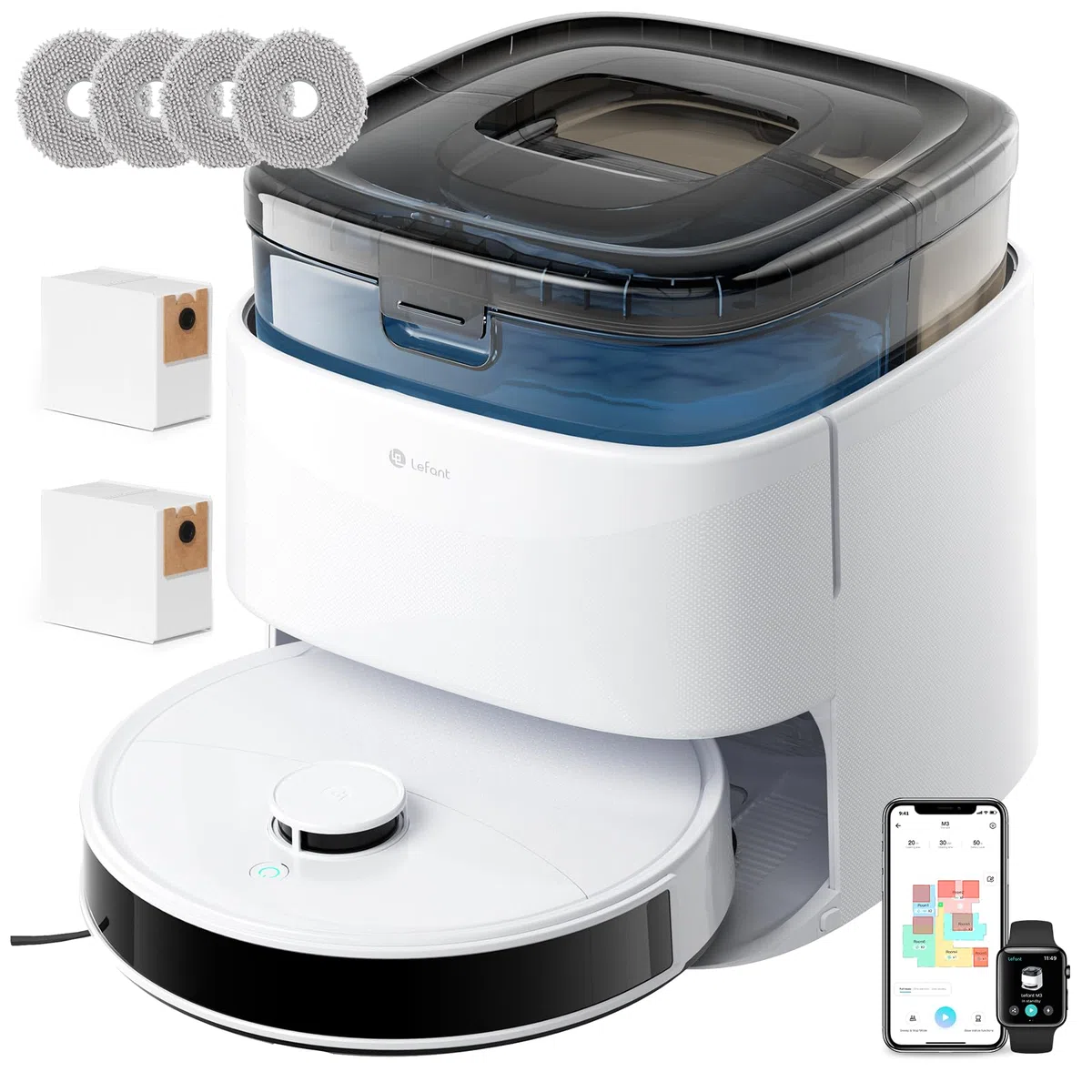 Lefant M3 Robot Aspirateur Laveur 12 000 Pa, Station Multifonctionnelle, Double Serpillière Rotative 200 TR/Min, Navigation dToF, Évitement d'obstacles PSD, 220min, WiFi 5G/APP/Alexa