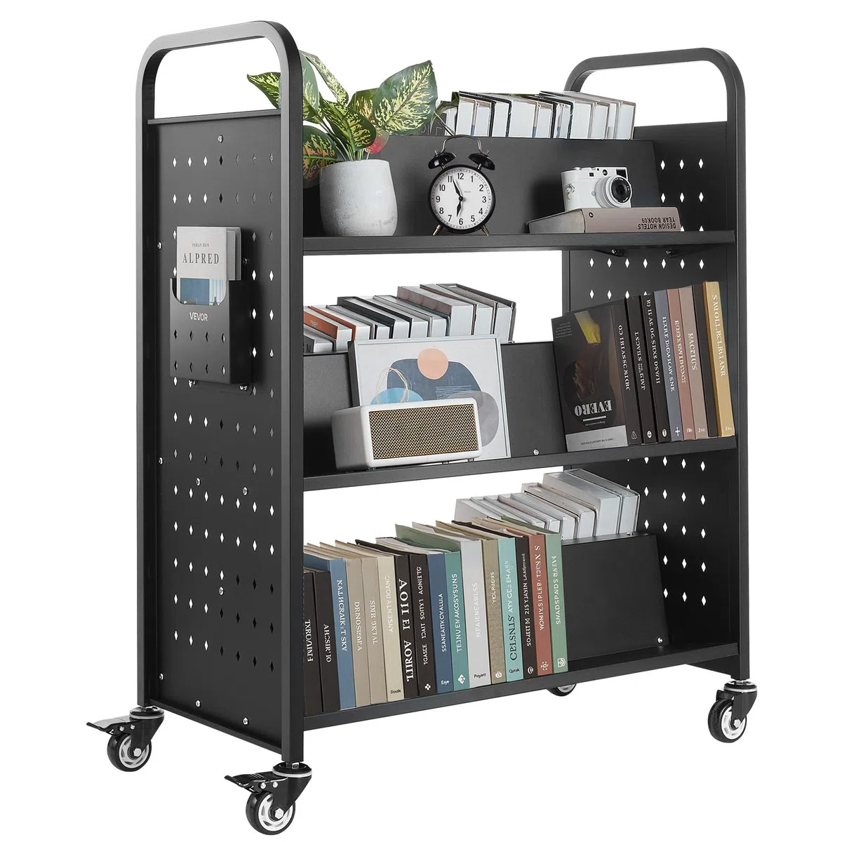VEVOR Chariot à Livres, Capacité de Charge 150 kg, Chariot de Bibliothèque, 97x51,5x122,5 cm, Étagère de Rangement Livres Double Face en W avec roulettes Double Frein, pour Salon, Bureau, École, Noir