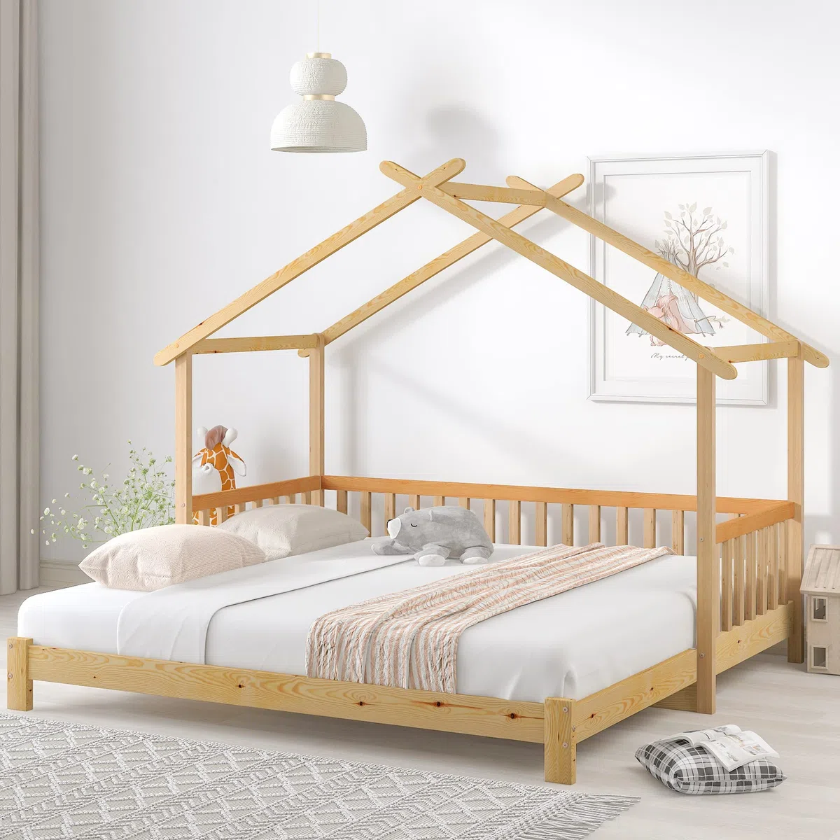 Merax Lit pour enfant 200x180cm, Lit fonctionnel avec barrière antichute et sommier à lattes, Lit de jour extensible en lit double, Lit en forme de cabane en bois pour filles et garçons, Couleur