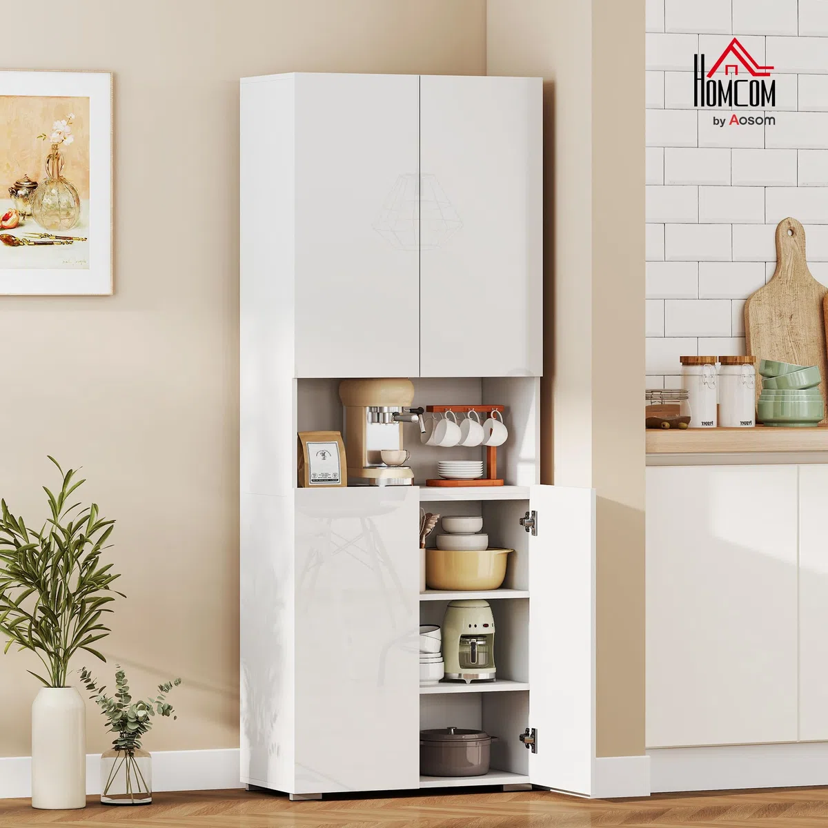 HOMCOM Armoire de cuisine haute avec compartiment ouvert, 4 portes, étagères réglables, buffet avec fonction de fermeture amortie, armoire polyvalente pour salle à manger, blanc brillant, 68 x 34 x