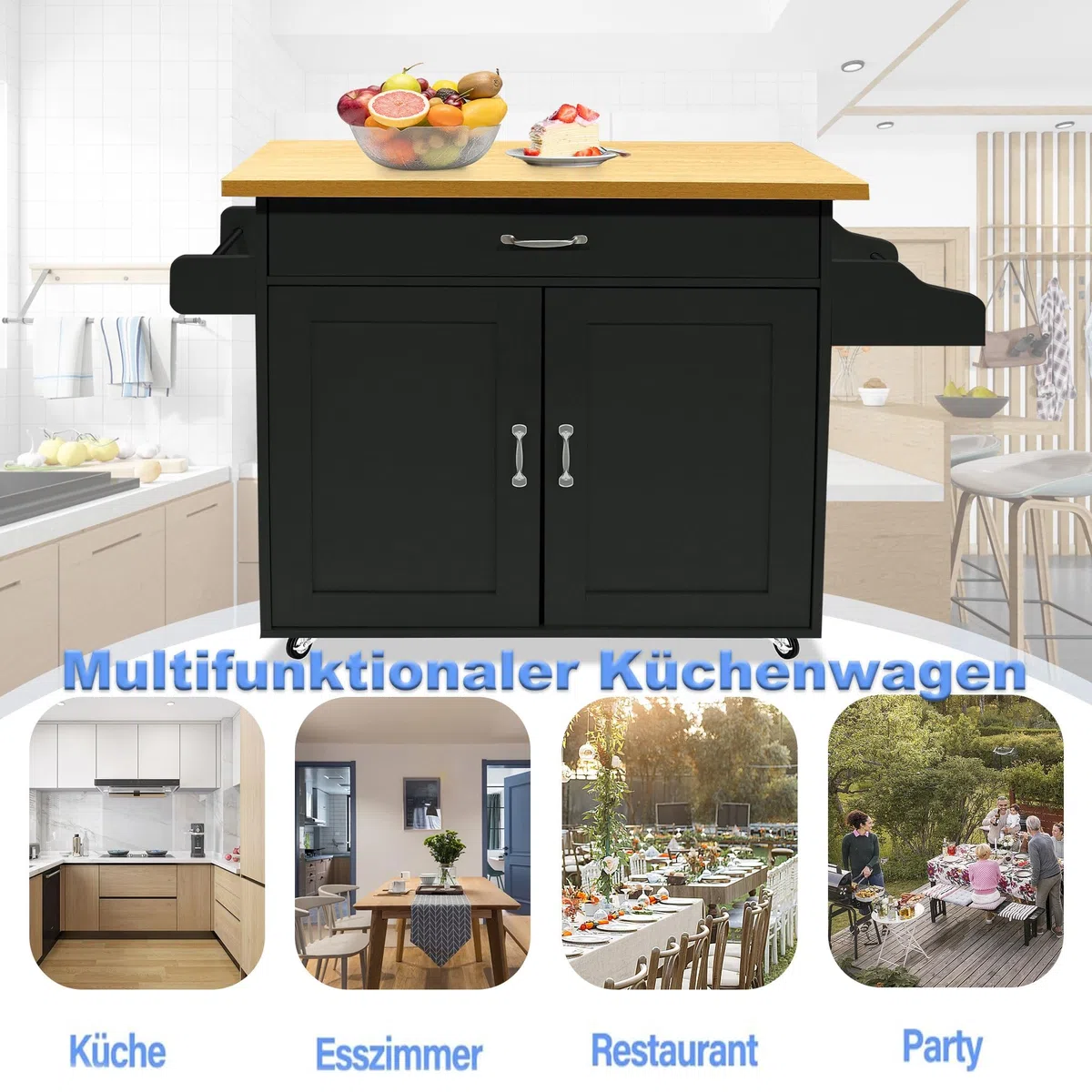 LZQ Chariot de cuisine avec plan de travail Mobilier de cuisine mobile Îlot de cuisine Roulable, chariot de cuisine, chariot de service 115x36x90cm Noir