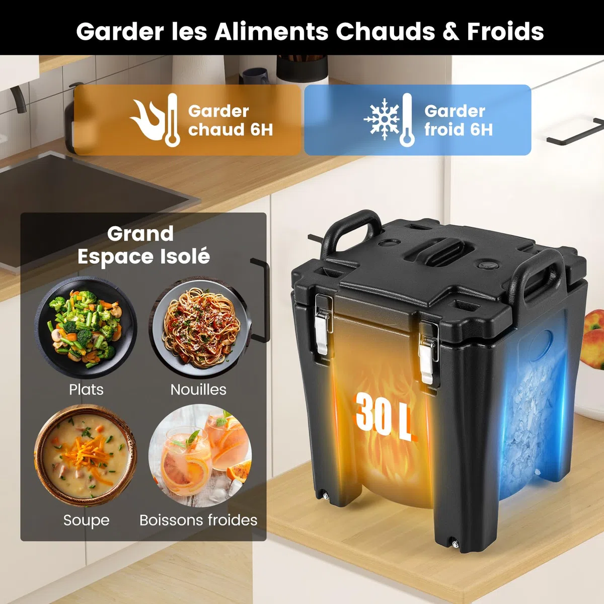 COSTWAY Récipient à Soupe isolé Chauffe-plats Empilable de 30 L, Conteneur Isotherme Portable en Acier Inoxydable avec 2 Poignées Roues à Frein, pour Restauration Camping, Noir