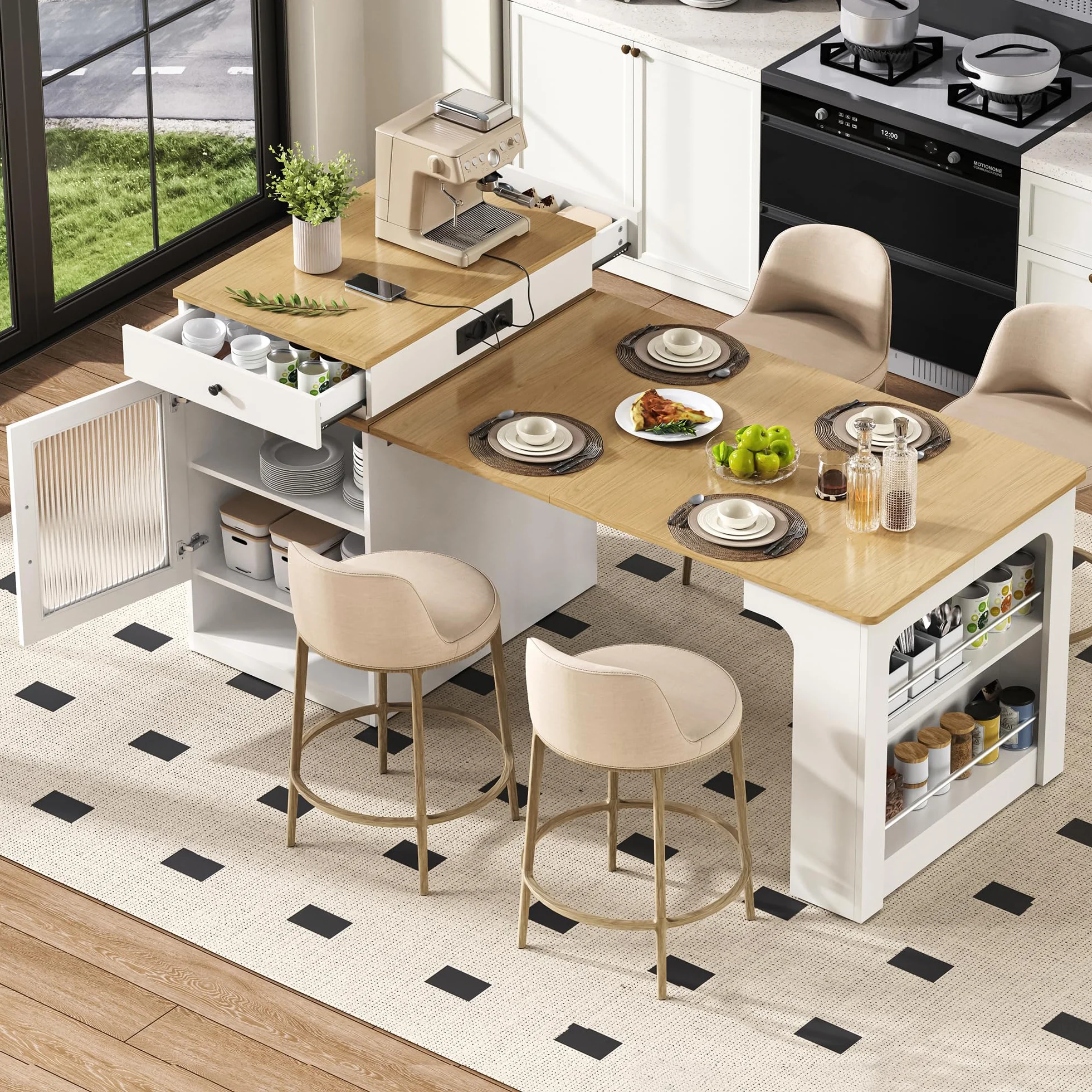 Îlot de Cuisine Mobile avec Rangement, Table Extensible 2 à 4 Personnes, Îlot Central Cuisine Desserte Bar avec Prises Électriques