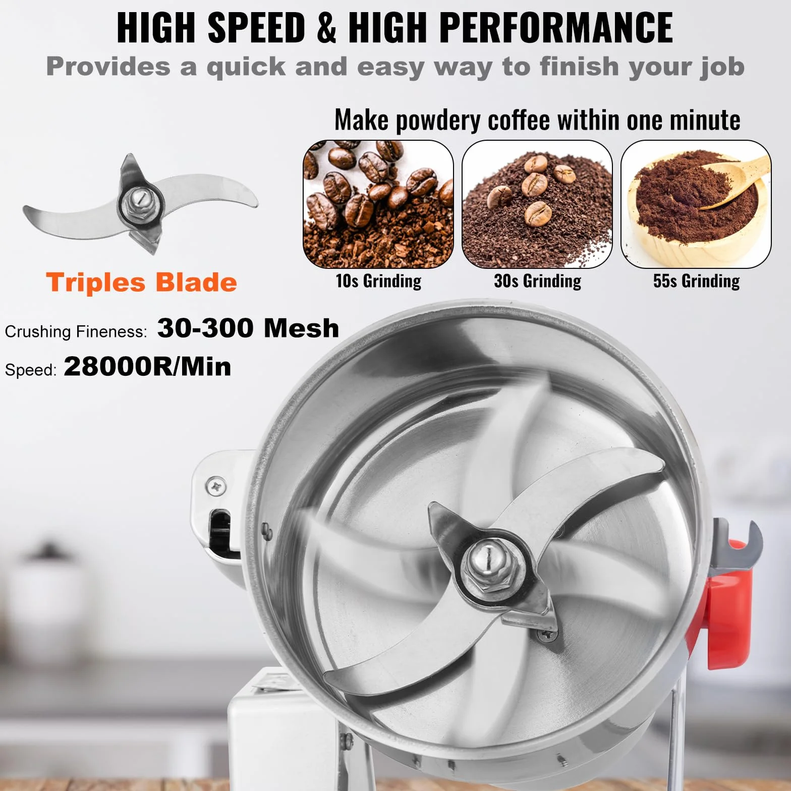 VEVOR Moulin à épices Électrique 1000 g, Broyeur à Grains Commercial 3000 W Haute Vitesse, Moulin à Farine en Acier Inoxydable, Type Oscillant, pour Moudre Rapidement Céréales Épices Herbes Cafés