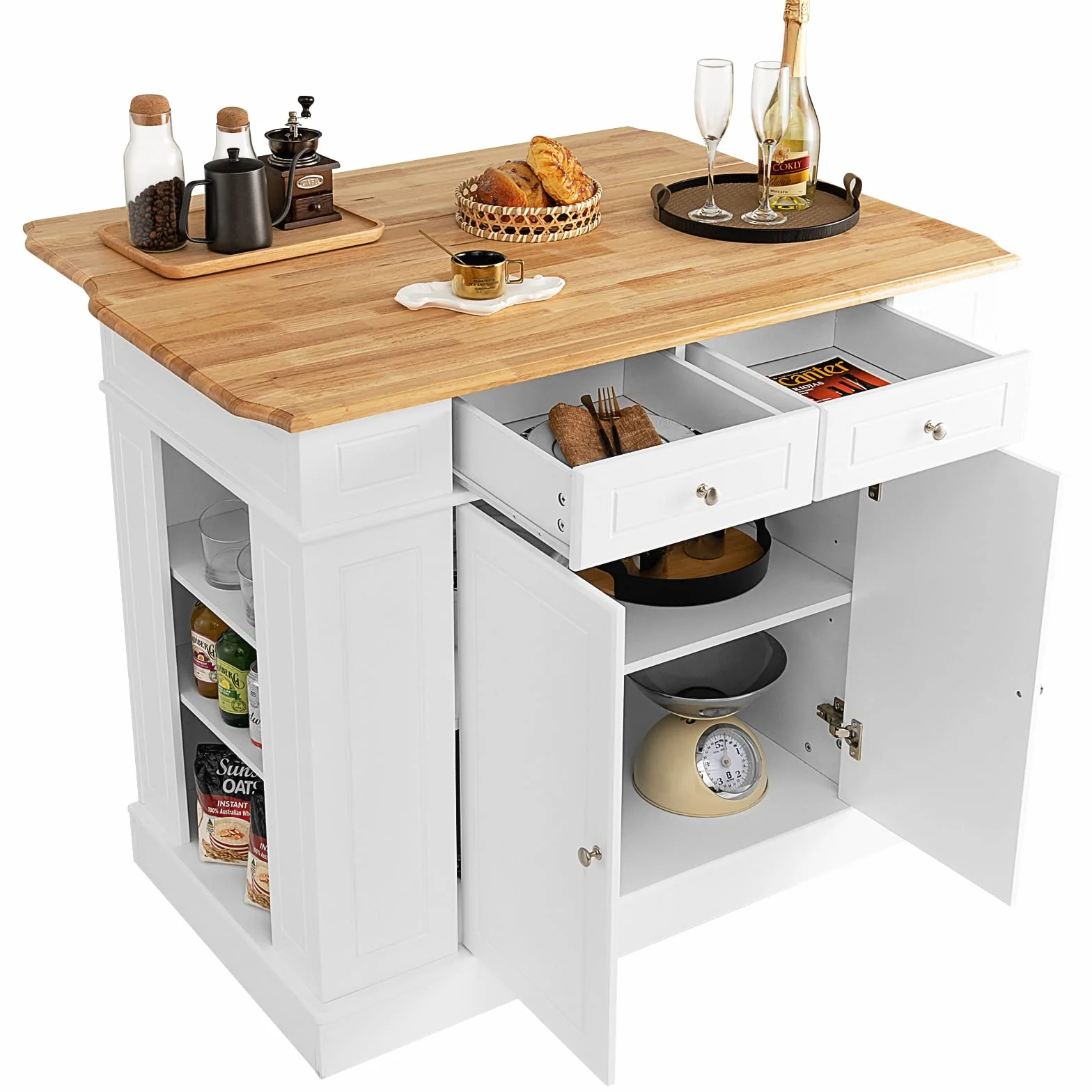 KOMFOTTEU Îlot Central Mobile avec Plan de Travail en Bois Massif, Desserte de Cuisine avec 2 Tiroirs & Étagères latérales à 3 Niveaux, Desserte de Service, 120 x 61 x 92 cm (Blanc)