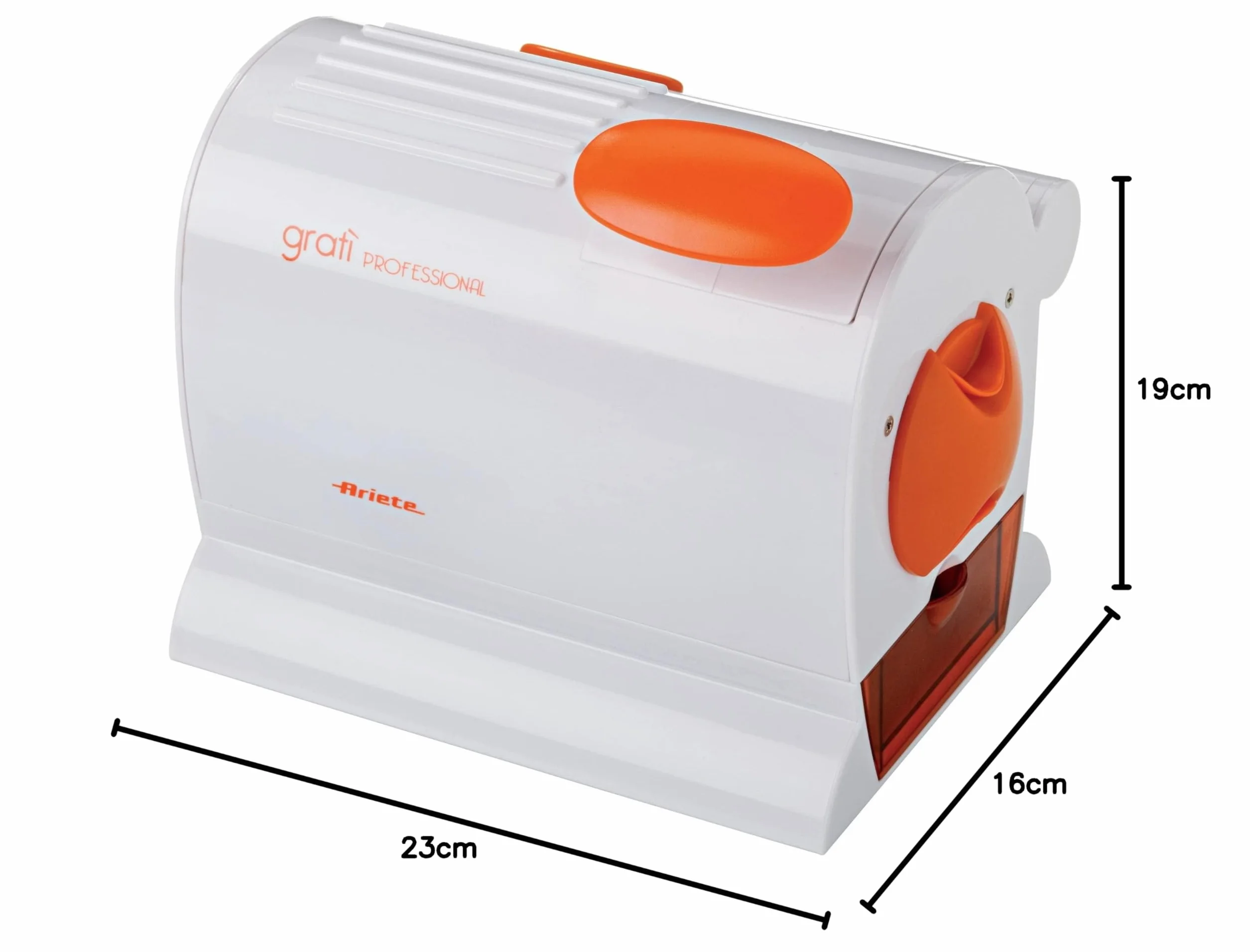 Ariete 445 Gratì Professional Râpe Électrique Professionnelle, Rouleau Extra Large en Acier Inoxydable, Récipient Extractible avec Bouchon Fraîcheur, 120 W, Blanc / Orange