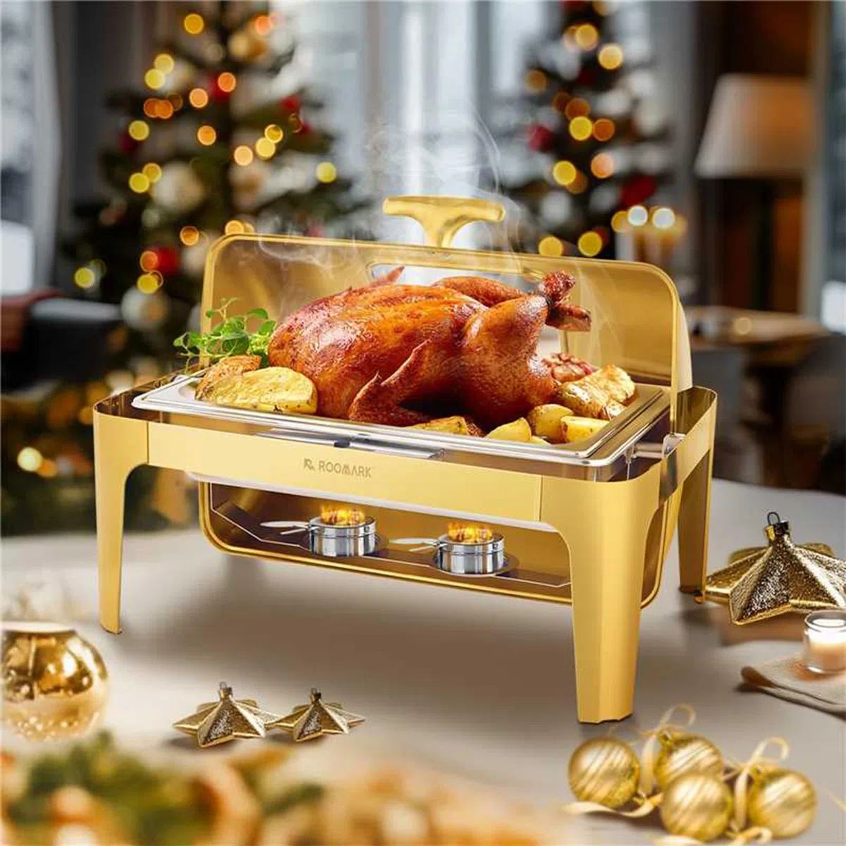 4Pcs Chauffe-Plat Rectangulaire 9L, Buffet Chauffant avec Couvercle Rabattable Visible, Réchaud en INOX avec Bac Pleine Taille, pour Buffet Libre-Service Hôtel Traiteur Restauration, Doré