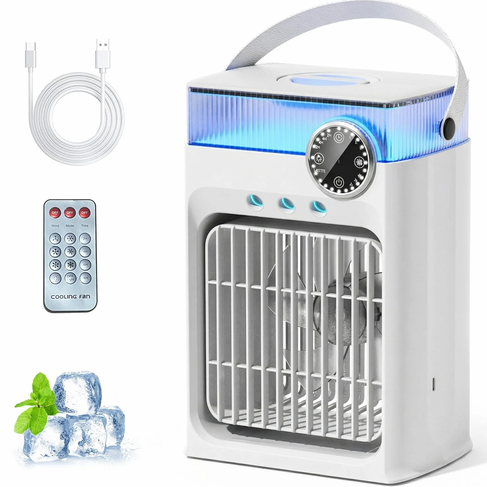YFFU Climatiseur Mobile avec Télécommandé,1200ml Rafraîchisseur d’Air RGB 8 Couleurs,3 Vitesses,3 Modes de Brume, Minuterie 2-8h, Mini Clim Portative pour Pièce et Extérieur,Nuage Blanc