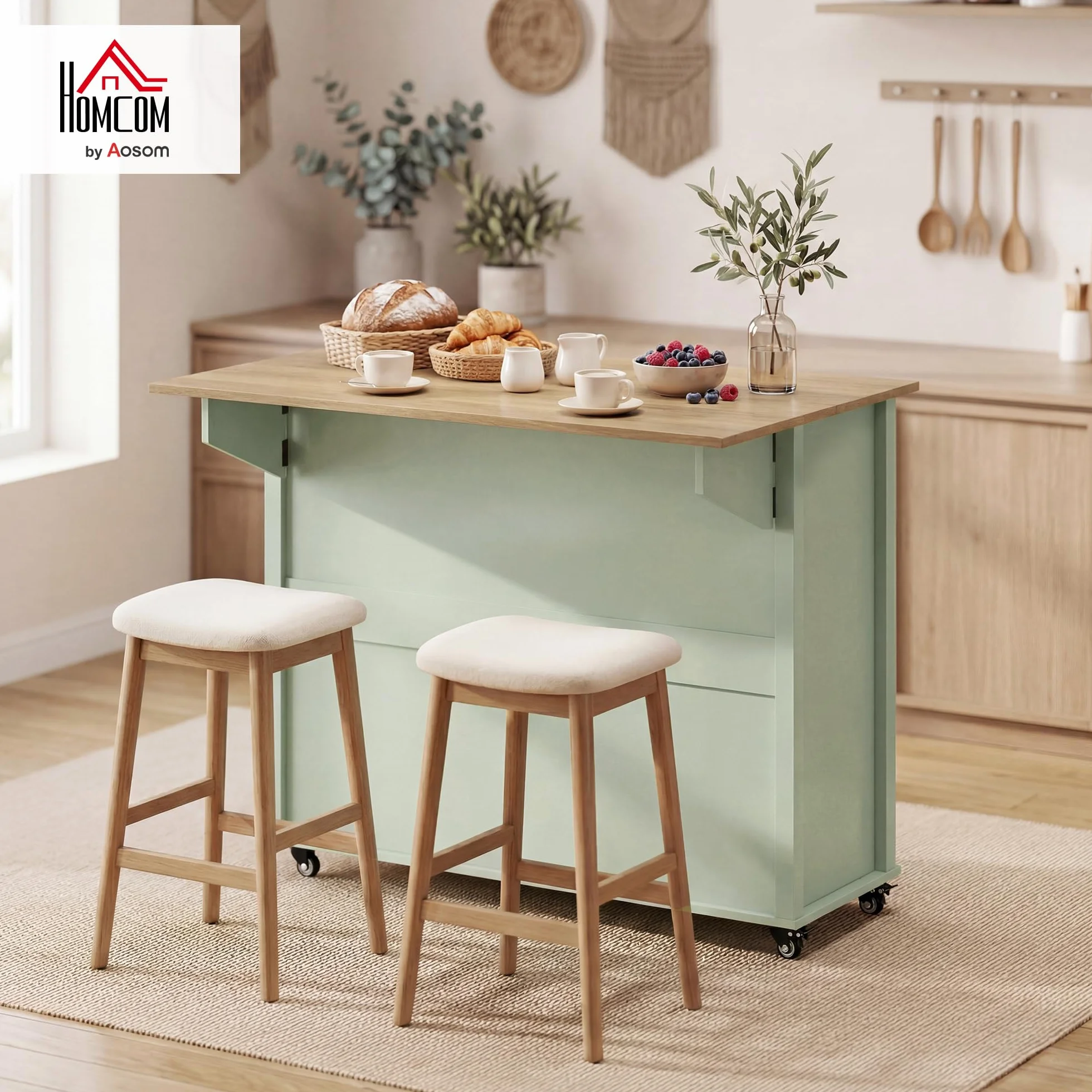 HOMCOM Îlot Central Cuisine avec Plateau Pliant, Desserte de Cuisine sur roulettes avec Placard, 2 Tiroirs, Porte-Serviettes, Étagère Réglable, Compartimentss Ouverts, 117,5 x 70 x 91 cm, Vert Clair