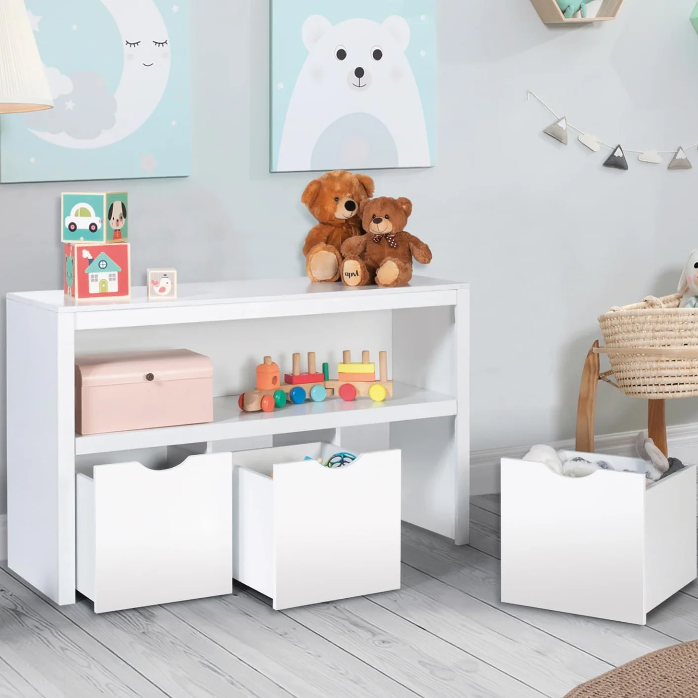 IDMarket - Meuble de Rangement Enfant Mana en Bois Blanc 3 tiroirs Cubes sur roulettes