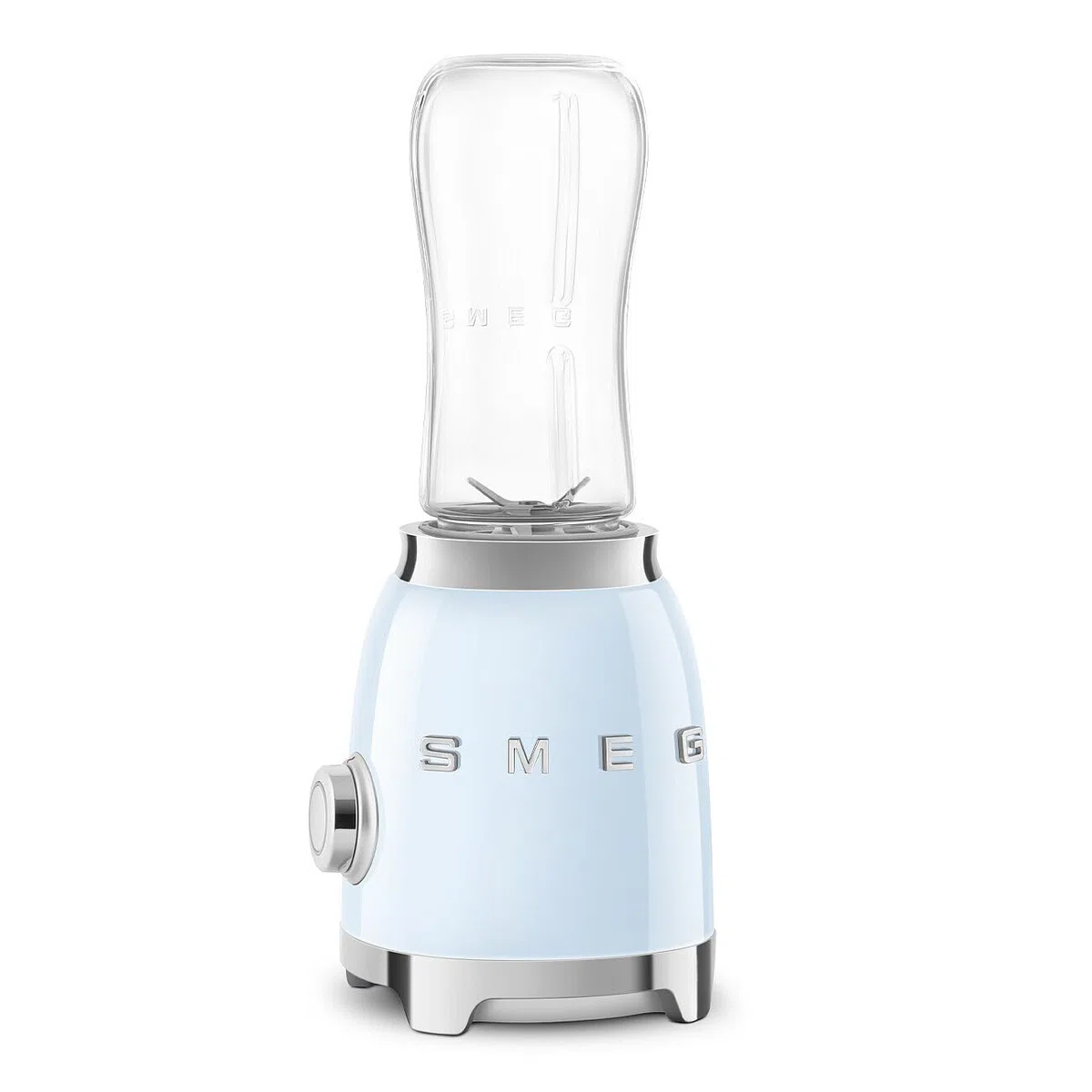 Smeg, Mini-Blender PBF00PBEU, 2 Niveaux de Vitesse, Blocage Moteur de Sécurité, 1 Bouteille de 600 ml Fournie, Base Antidérapante, Range cordon Intégré, 300W, Bleu Clair Pastel