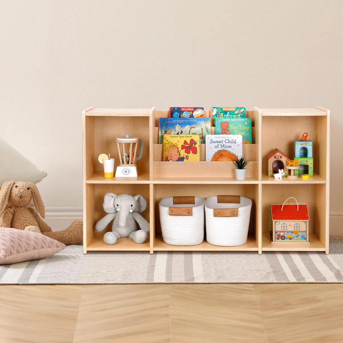 OOOK Étagère à Livres Rangement de Jouets, 2 étagères Horizontales 5 Compartiments, idéal pour Salle de Jeu, Classe d'enfants et garderie