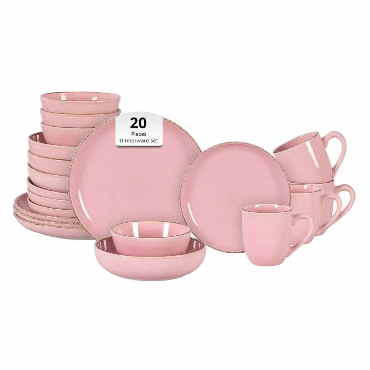 Service de table 20 pièces en grès avec bord relevable de forme nordique rose brillant avec effet moucheté