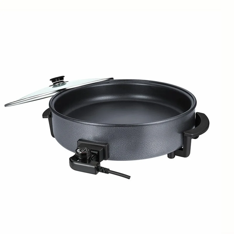 Poêle électrique de 42 cm avec couvercle, 1500W antiadhésive, Thermostat réglable pour frire, griller, faire des marmites et des pizzas lors de réunions de famille (9 cm de profondeur)