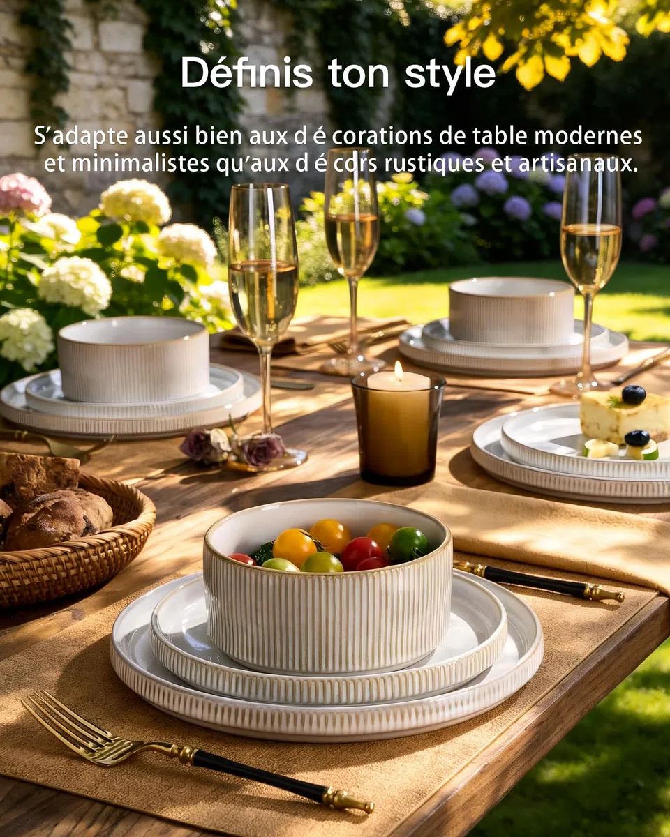 Richmount Star Set d'assiettes 12 pièces, Set de vaisselle 4 personnes, Set de vaisselle en faïence, Service de table anti-rayures, Micro-ondes & Lave-vaisselle, Cappuccino Blanc