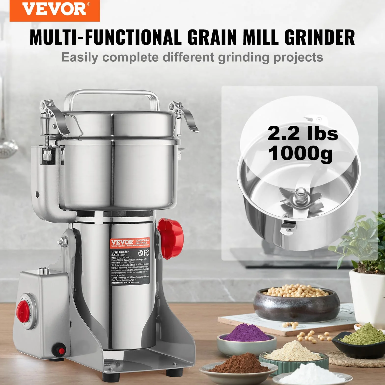 VEVOR Moulin à épices Électrique 1000 g, Broyeur à Grains Commercial 3000 W Haute Vitesse, Moulin à Farine en Acier Inoxydable, Type Oscillant, pour Moudre Rapidement Céréales Épices Herbes Cafés
