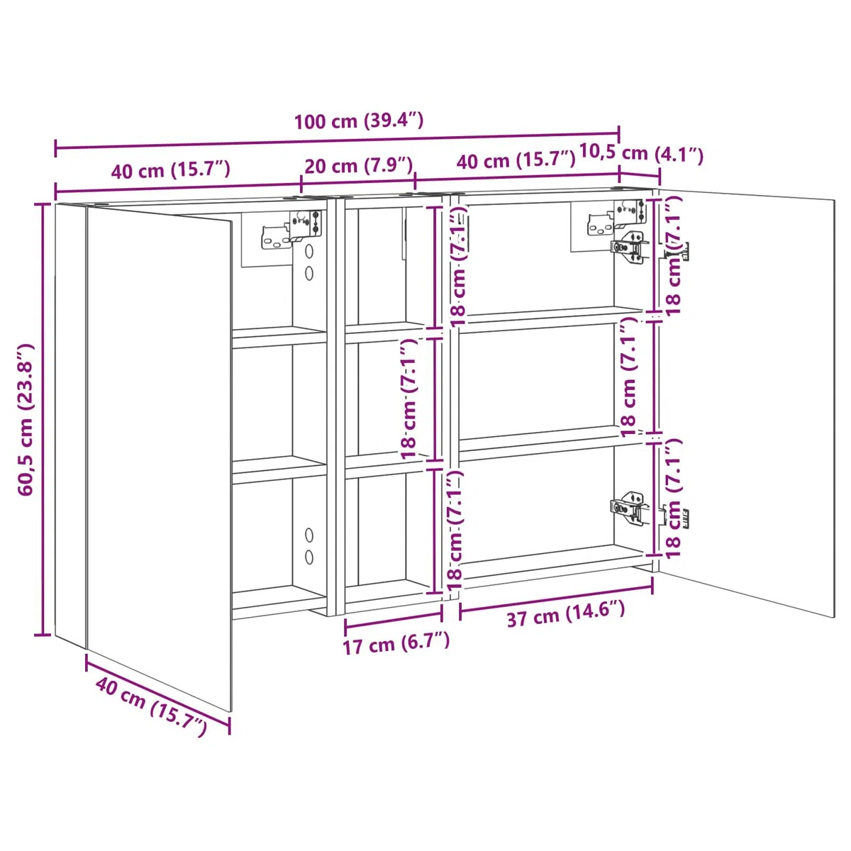 Lot de 3 armoires de salle de bain en bois - 100 x 10,5 x 60,5 cm - Montage mural - Avec éclairage LED - Miroir bidirectionnel - Espace de rangement et étagères pour meubles de salle de bain