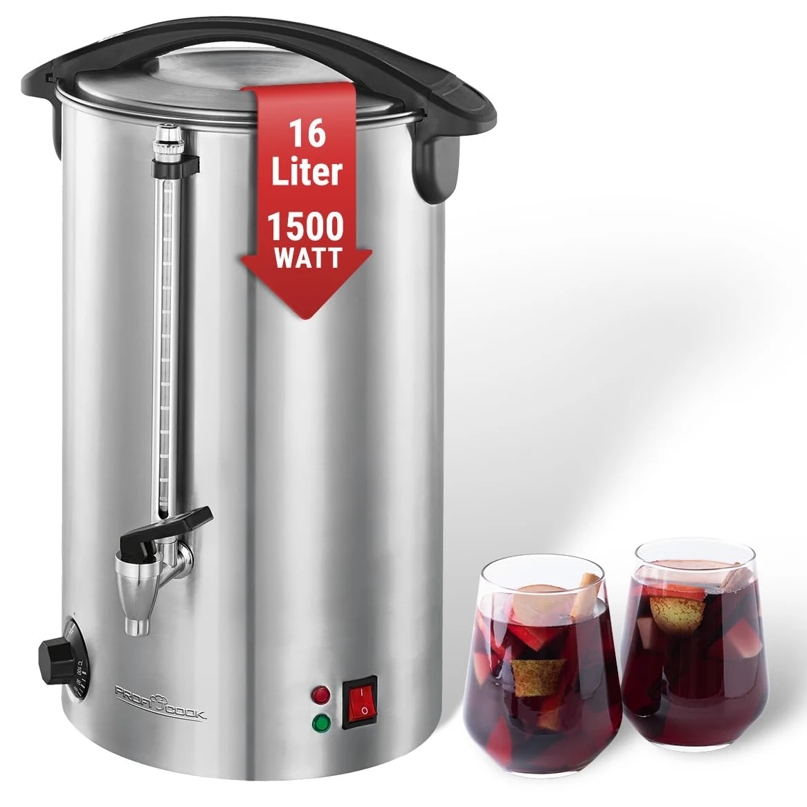 PROFI COOK PC-HGA1111 - Distributeur de boissons chaudes et/ou vin chaud - Capacité 16 litres - 1500 Watts - Contrôle électronique de la Température - Couleur Argent