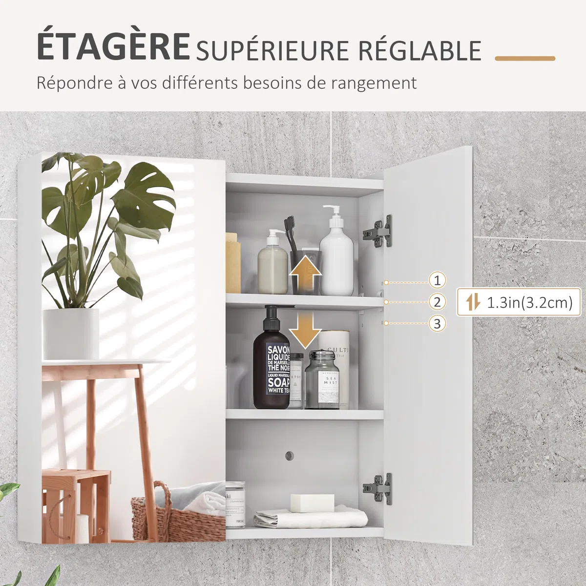 kleankin Armoire Murale de Salle de Bain, Placard de Rangement, 3 Niveaux, étagère réglable, 2 Portes et miroirs, Armoire Suspendue, 60 x 15 x 60 cm, Blanc