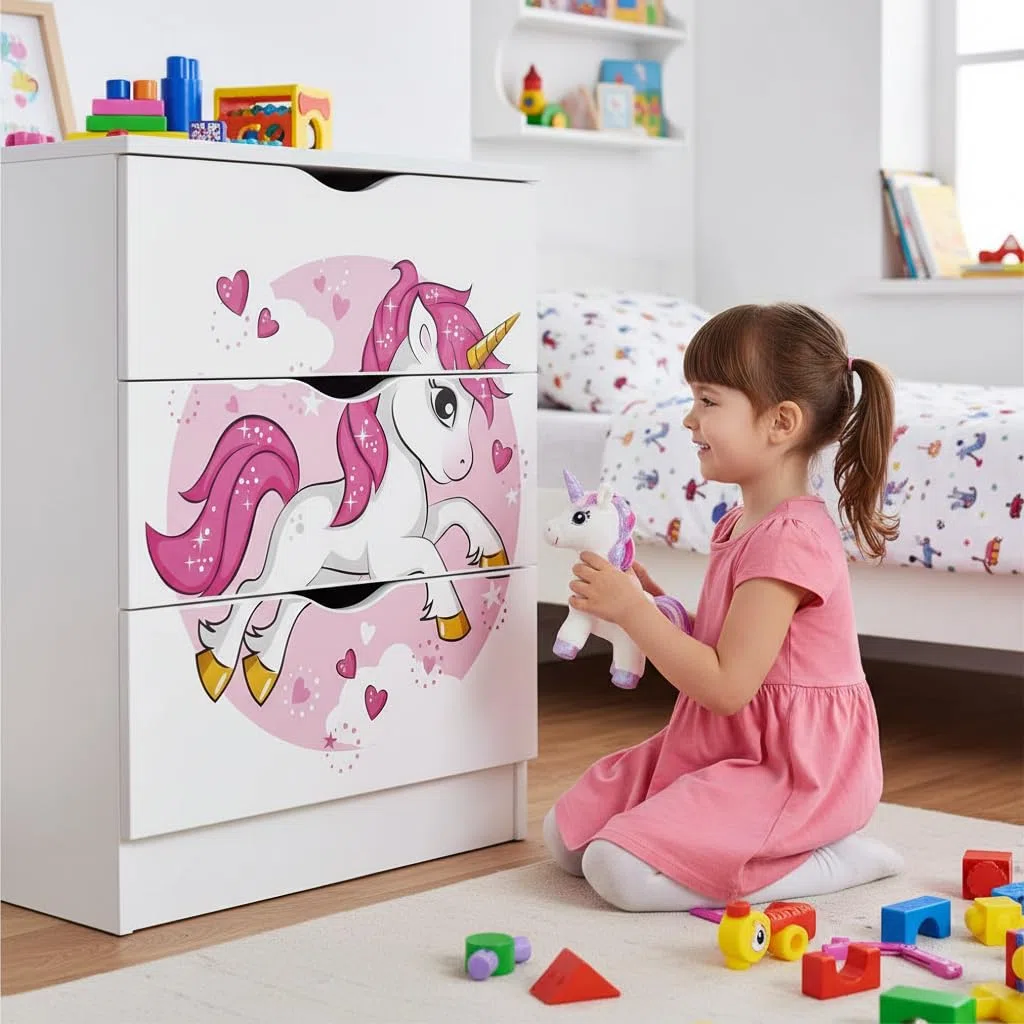 Leomark Commode en Bois avec 3 tiroirs - Roma - Meuble pour Chambre d'enfant, Meuble de Rangement, Hauteur: 78 cm, Impression UV