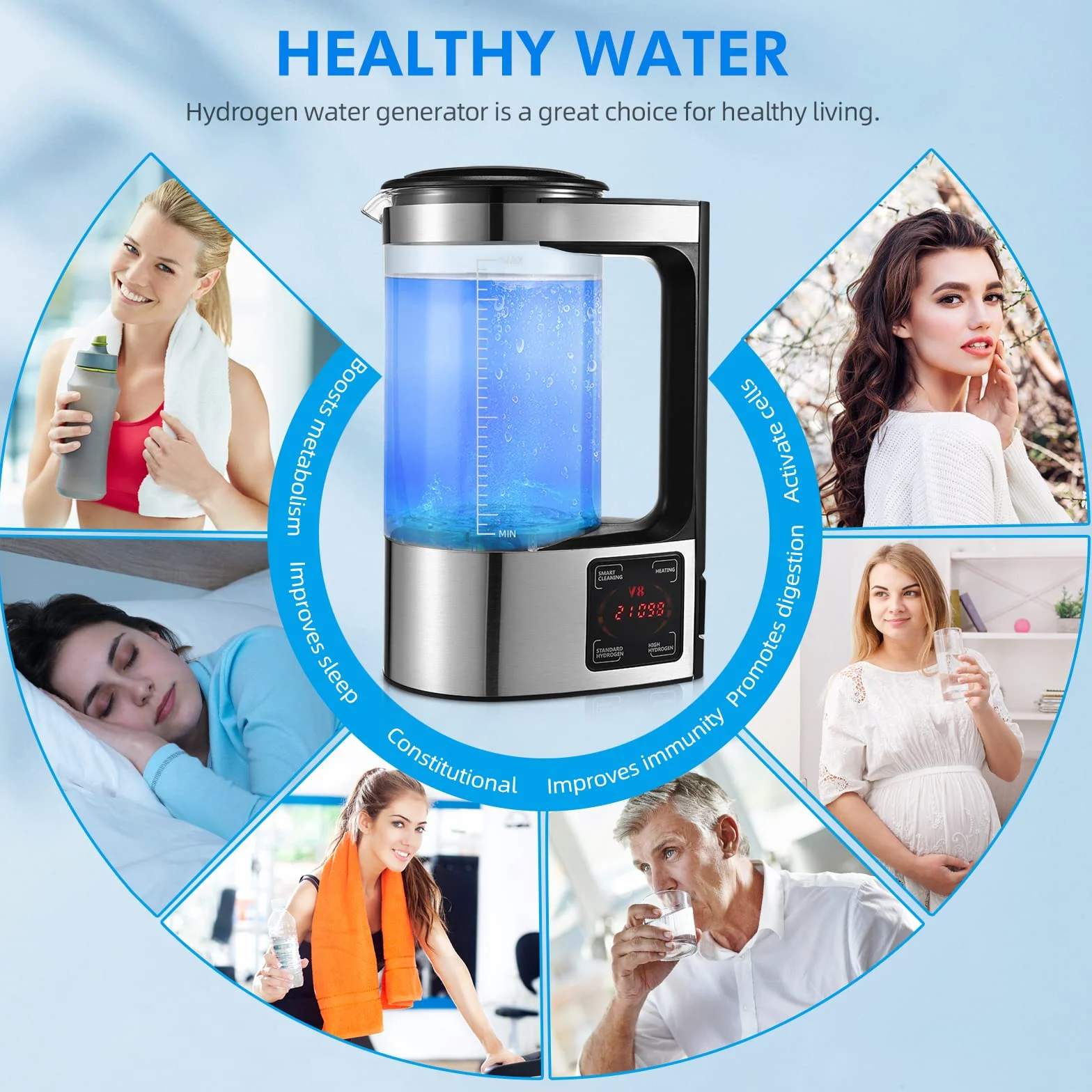 Générateur d'eau à hydrogène 2L avec technologie SPE et PEM, version améliorée Générateur d'hydrogène riche en hydrogène avec écran tactile LED et thermostat Hydrogen Water Lonizer pour la maison