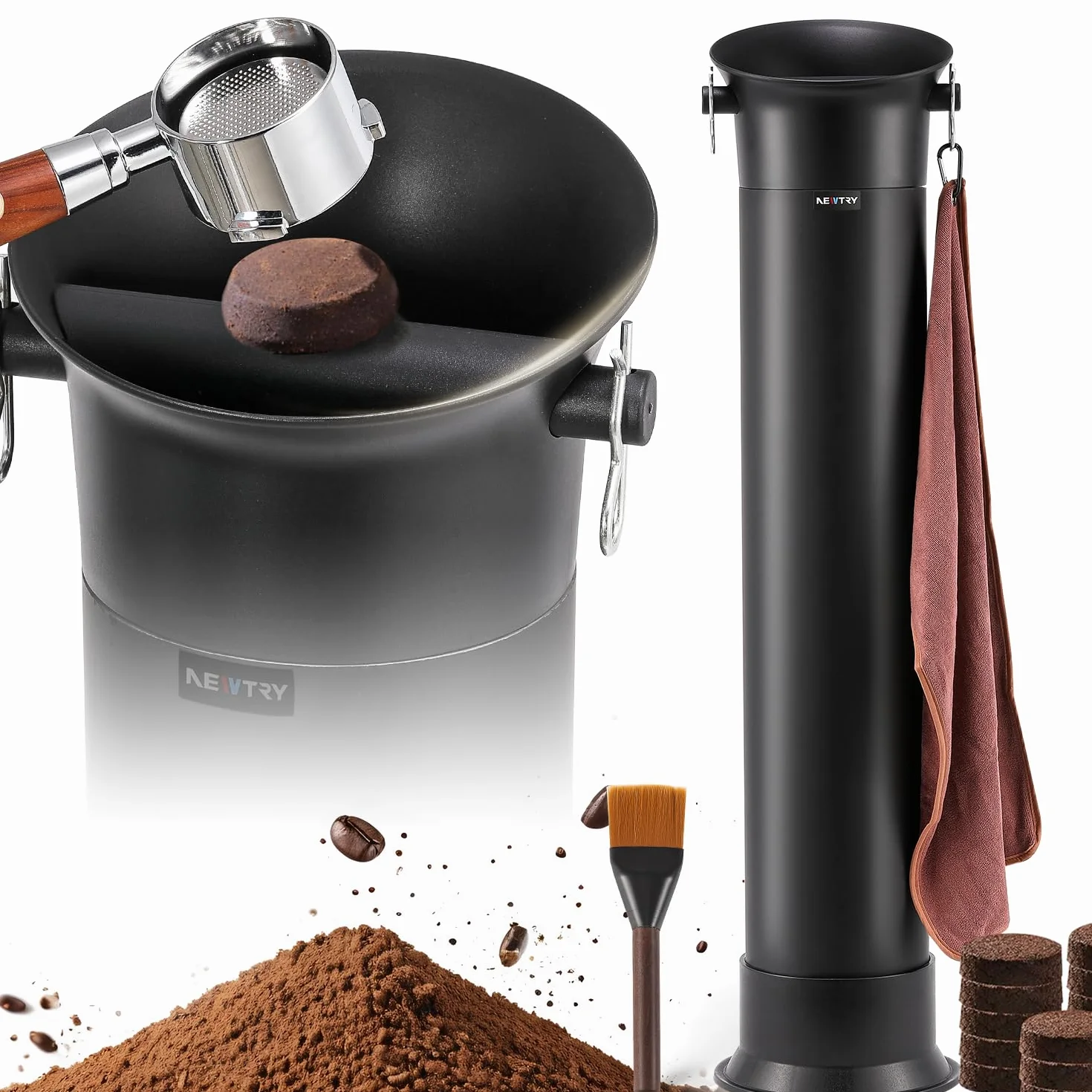 NEWTRY Boîte à Café Commercial, Bac à Marre de Café Expresso - Grande capacité - 19 l - Accessoires pour Barista, Café, Bar avec 30 sacs poubelle, serviettes et brosses de nettoyage