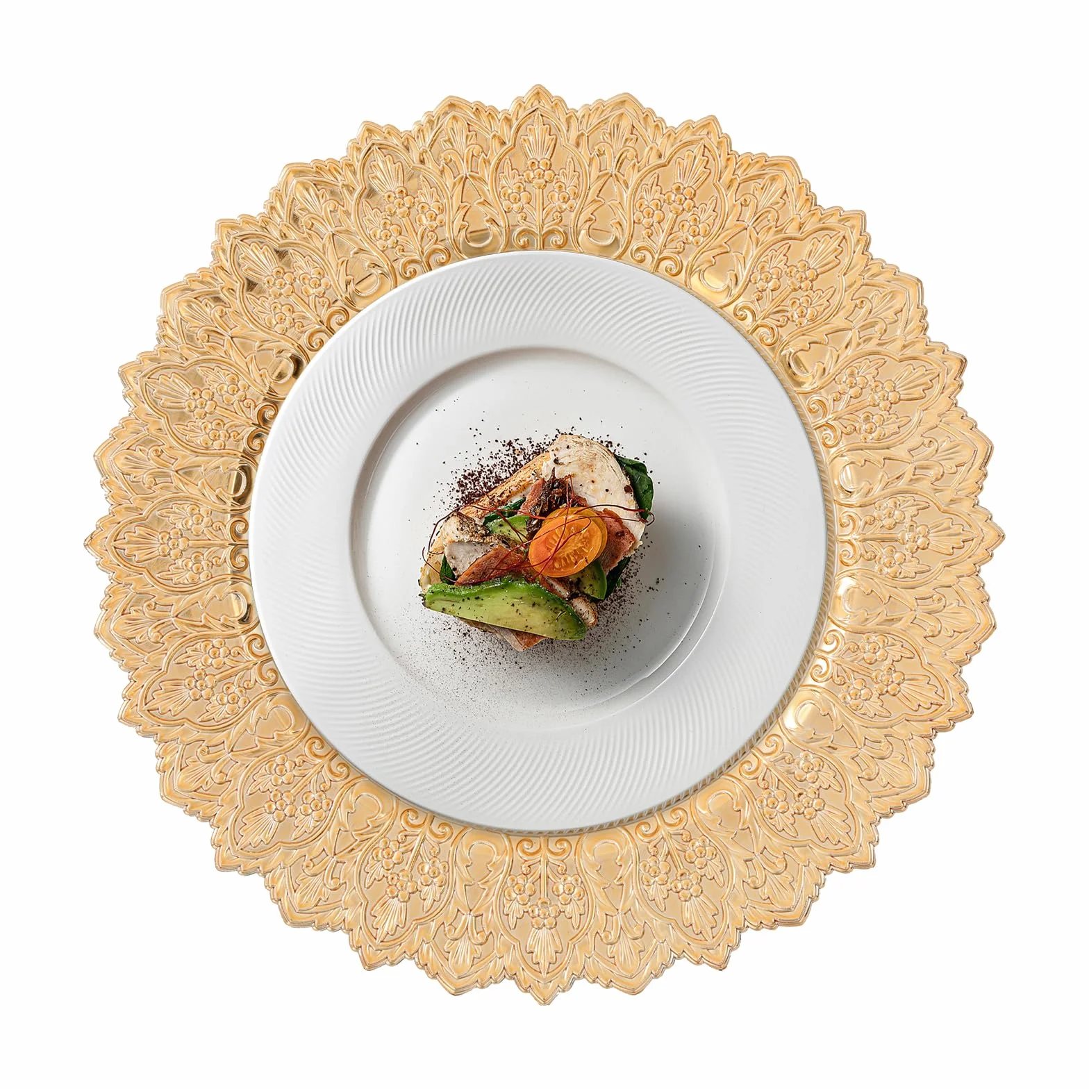 Lot de 50 assiettes de présentation rondes en plastique de 33 cm pour fêtes, mariages, banquets, restaurants (dorés)