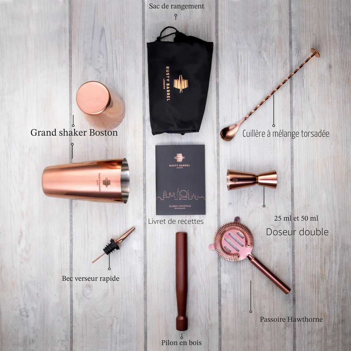 Kit Cocktail Belgravia avec Shaker Cocktail Couleur Cuivre en INOX de Style Boston | Cocktail Shaker Kit, Kit Barman, Cocktail Kit Complet | dans Une Boîte Cadeau Luxueuse