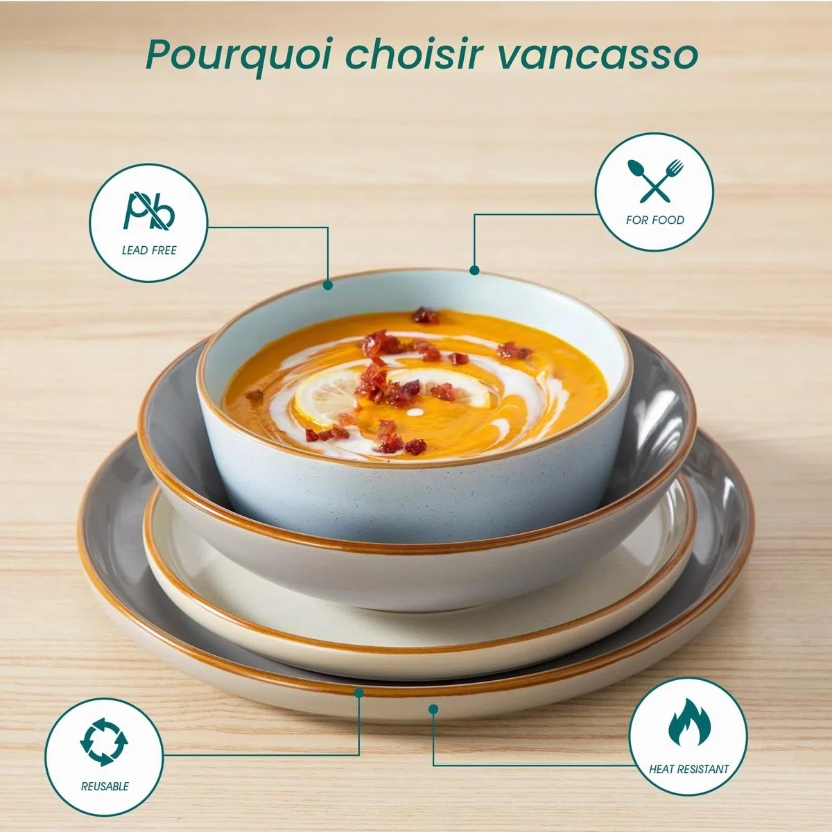 vancasso RENO Assittes Service de table en faïence pour 6 personnes, 24 pièces, Grès - Assiettes Plates, Dessert, Bols - Adapté au Micro, 3 Couleurs Bleu/Gris/Beige, 2 de chaque