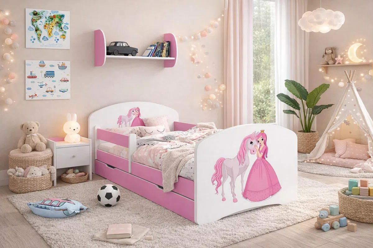 Happy Babies Happy - Lit pour enfant, avec protection anti-chute et tiroir de lit, pour fille, 160 x 80 cm, avec matelas de 80 x 160 cm, blanc et rose