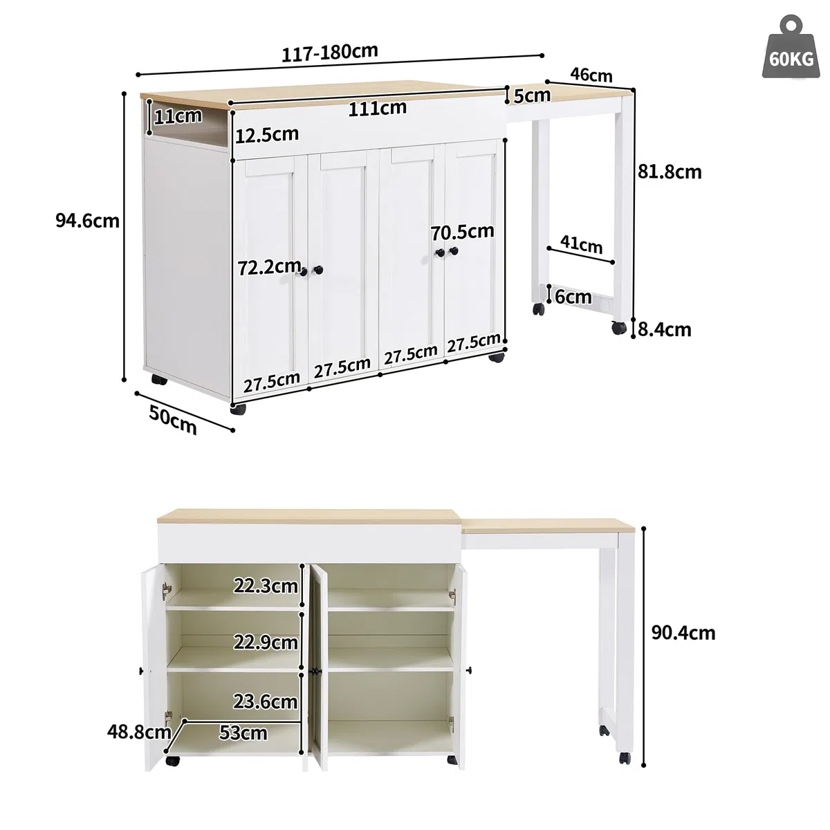 Îlot Central Cuisine avec Plan de Travail Extensible 117-180x50x94 cm, Table de Bar avec Rangement, Modèle Télescopique, Buffet et Séparateur de Pièce avec 6 Compartiments, Blanc