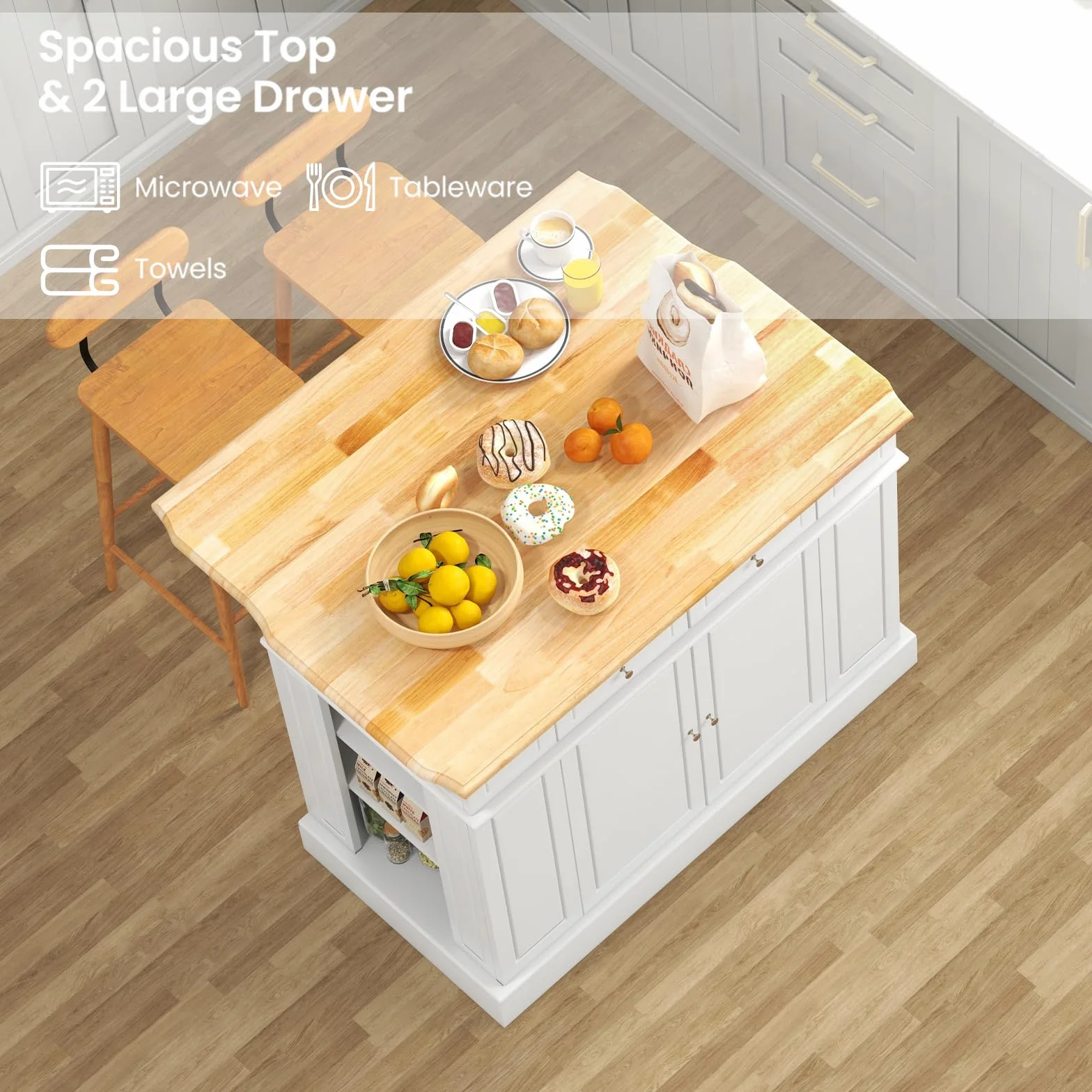KOMFOTTEU Îlot Central Mobile avec Plan de Travail en Bois Massif, Desserte de Cuisine avec 2 Tiroirs & Étagères latérales à 3 Niveaux, Desserte de Service, 120 x 61 x 92 cm (Blanc)